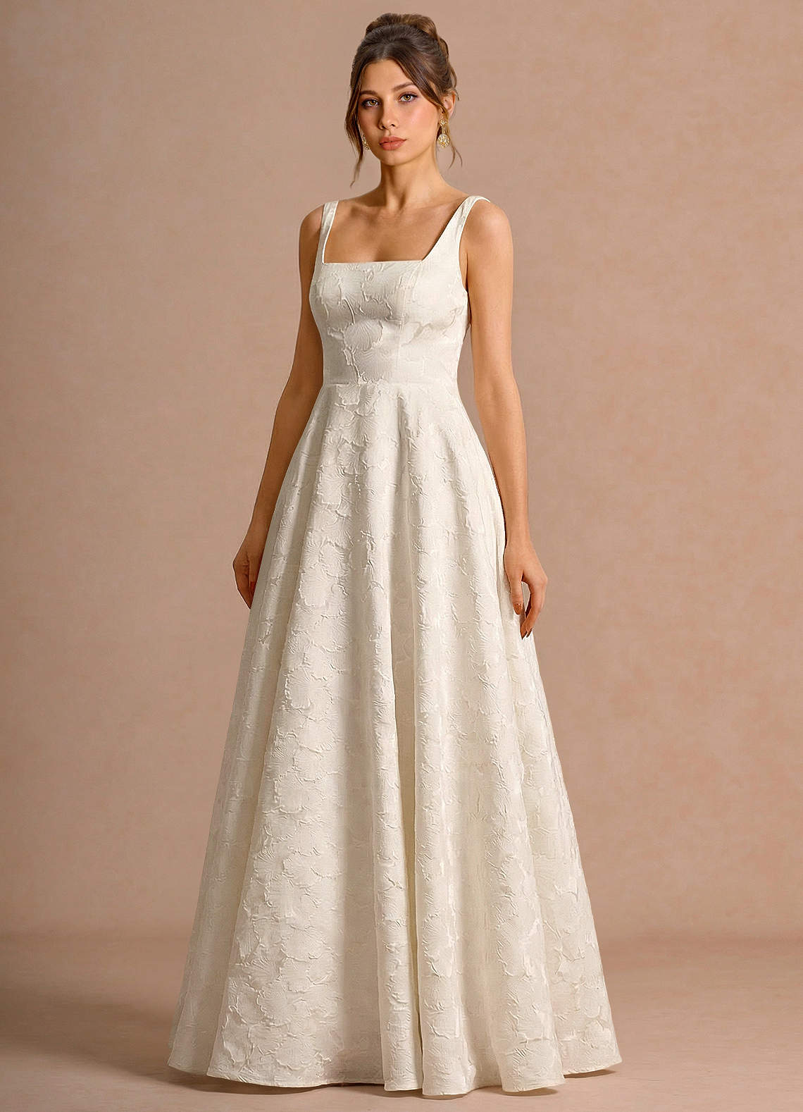Effie A-Line Square-Neck Jacquard Evening Dress in French White