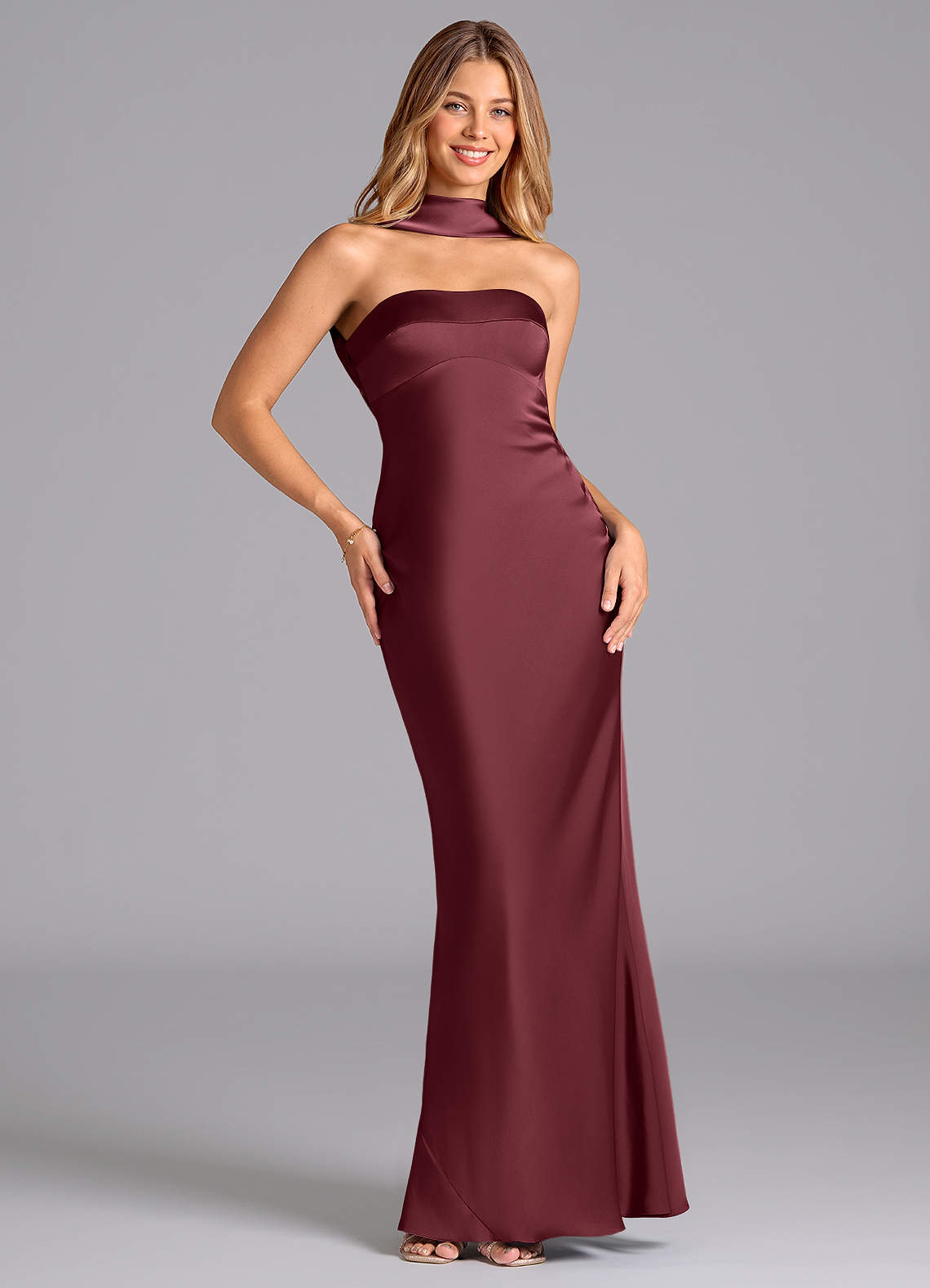 Lusinda Mermaid Strapless Stretch Satin Bridesmaid Dress in Merlot