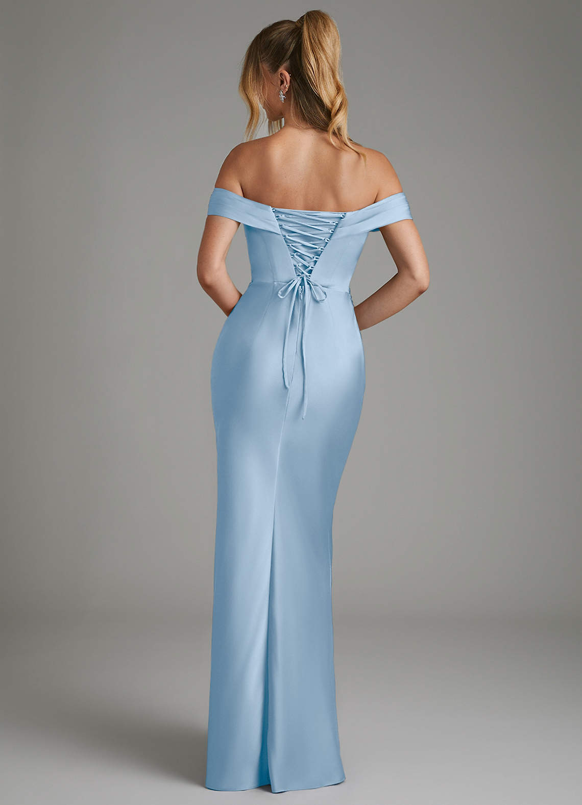 Hayden Mermaid Off-the-Shoulder Stretch Satin Bridesmaid Dress in Powder Blue