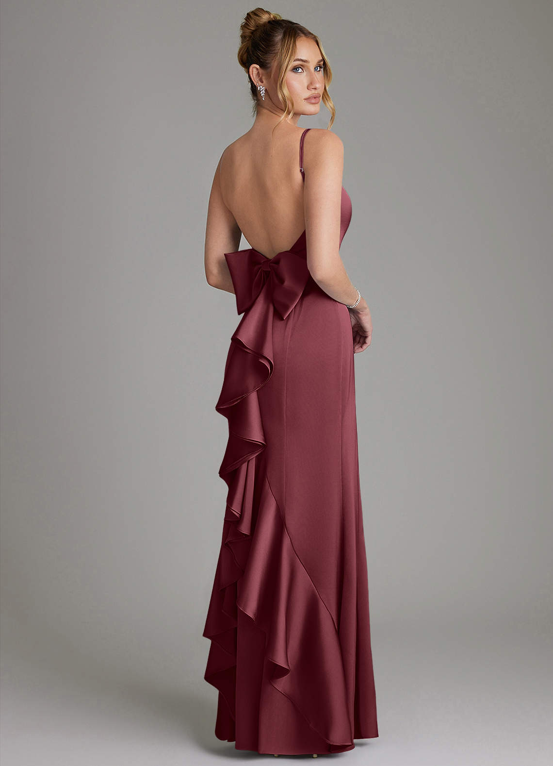 Zherra Mermaid Scoop-Neck Stretch Satin Bridesmaid Dress in Merlot