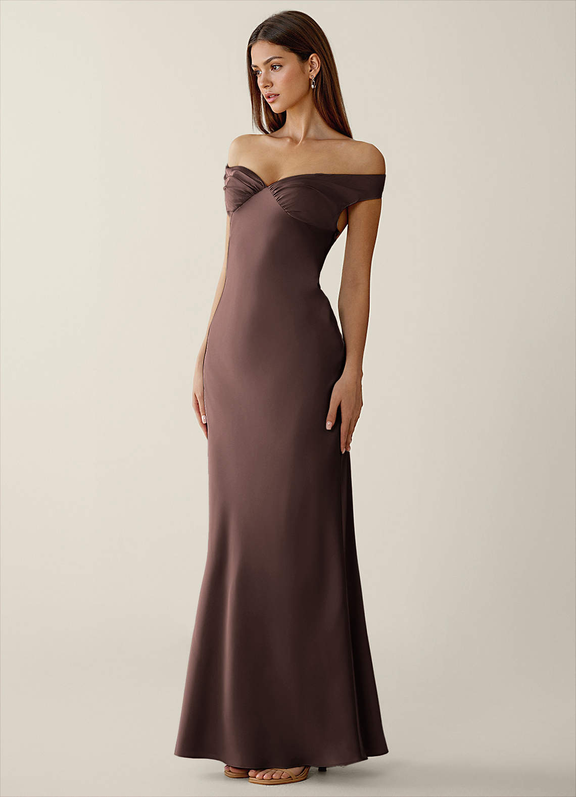 Gwendonme Sheath Off-the-Shoulder Satin Crystal Linen Evening Dress in Truffle