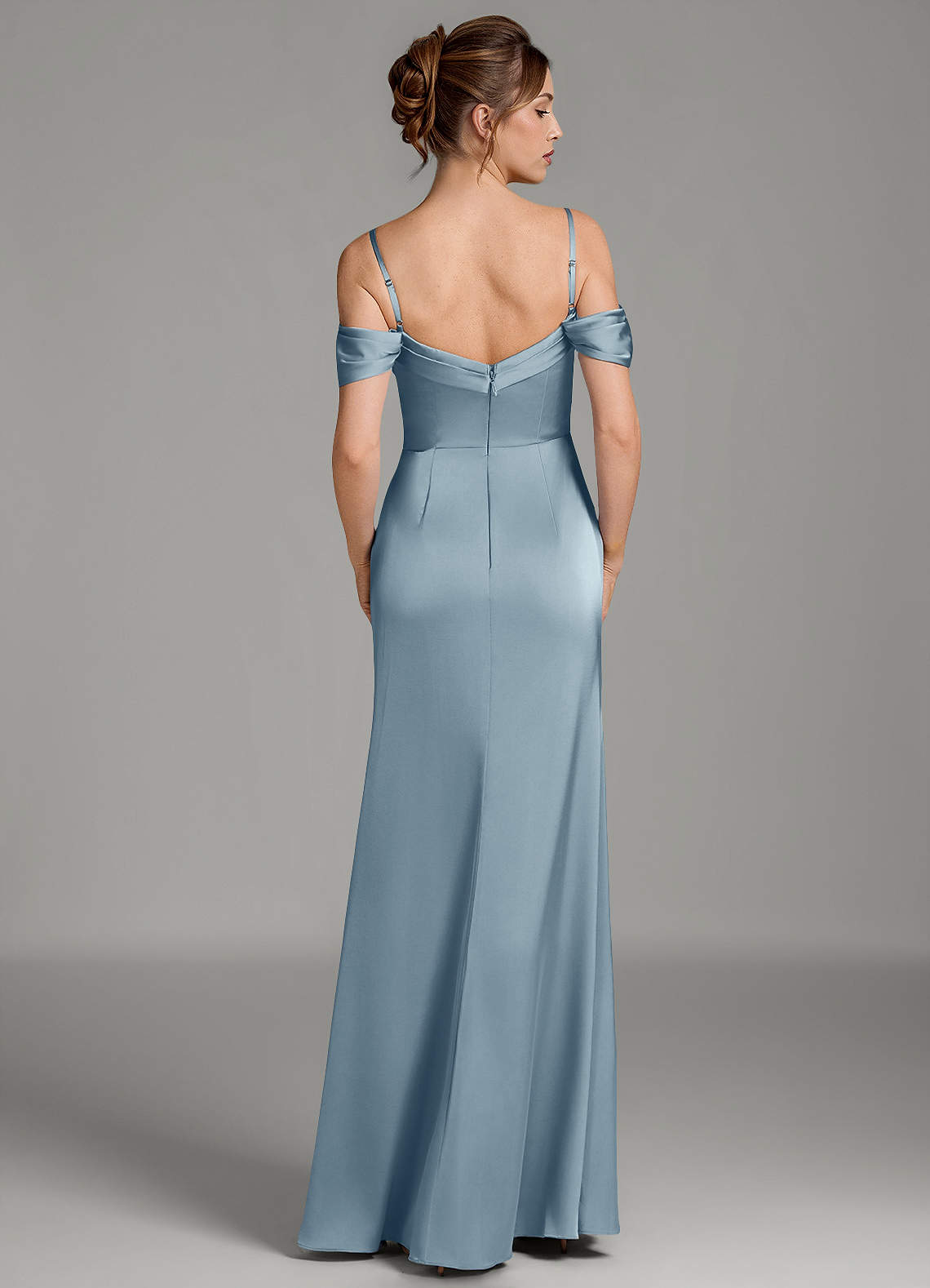 Wyatt Mermaid Off-the-Shoulder Stretch Satin Bridesmaid Dress in dusty blue