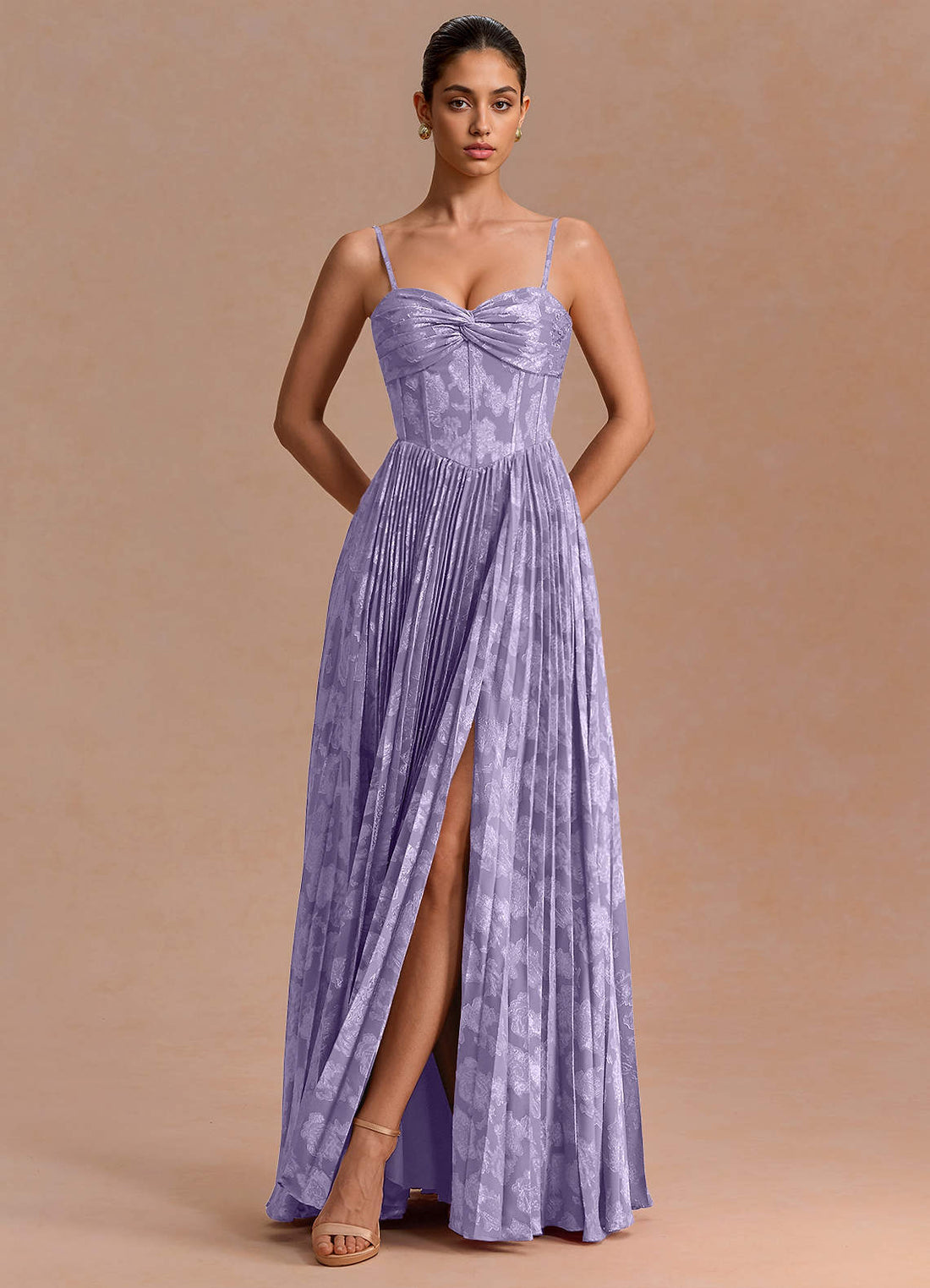 Delfina A-Line Twisted-Bust Fil Coupé Evening Dress in Lilac