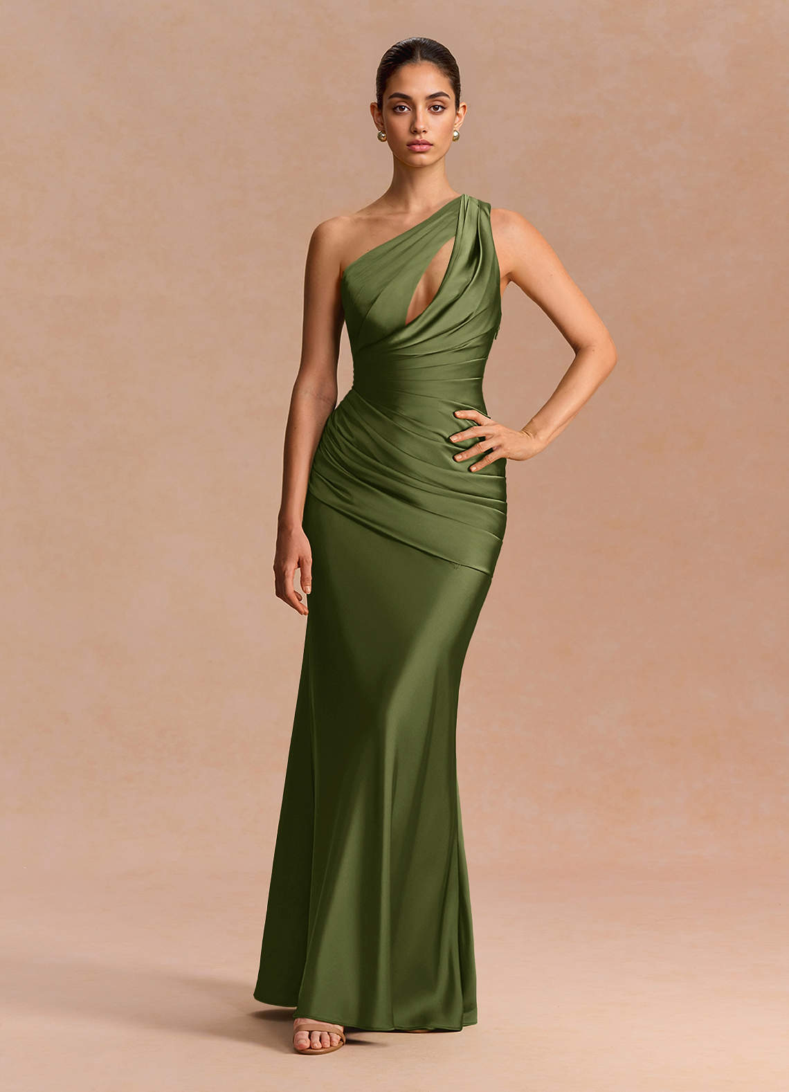 Guinevere One-Shoulder Cutout Stretch Satin Evening Dress in Dusty Blue