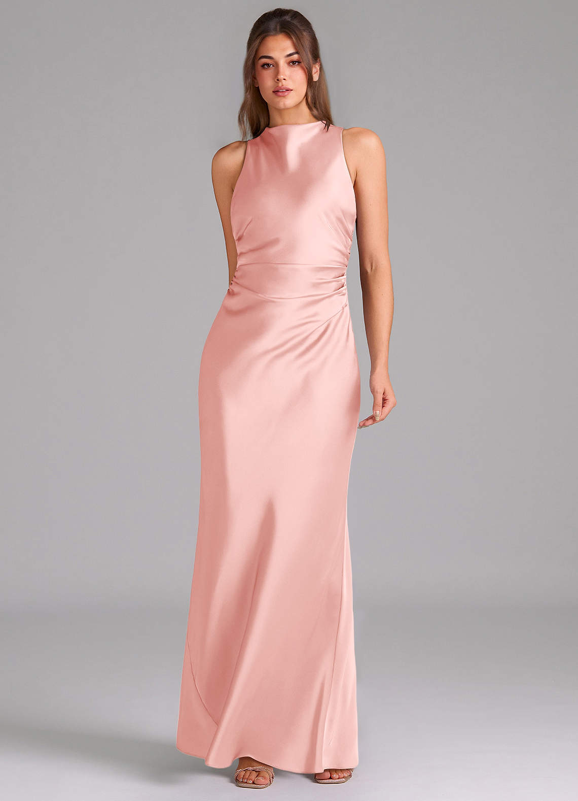 Evadne Sheath Scoop-Neck Stretch Satin Bridesmaid Dress in Powder Pink