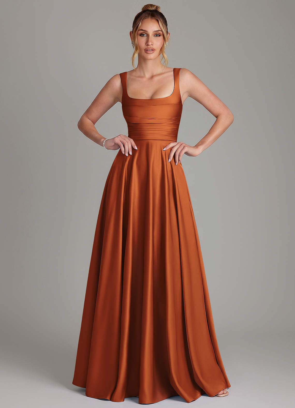 Azaria A-Line Square-Neck Stretch Satin Bridesmaid Dress in Cinnamon