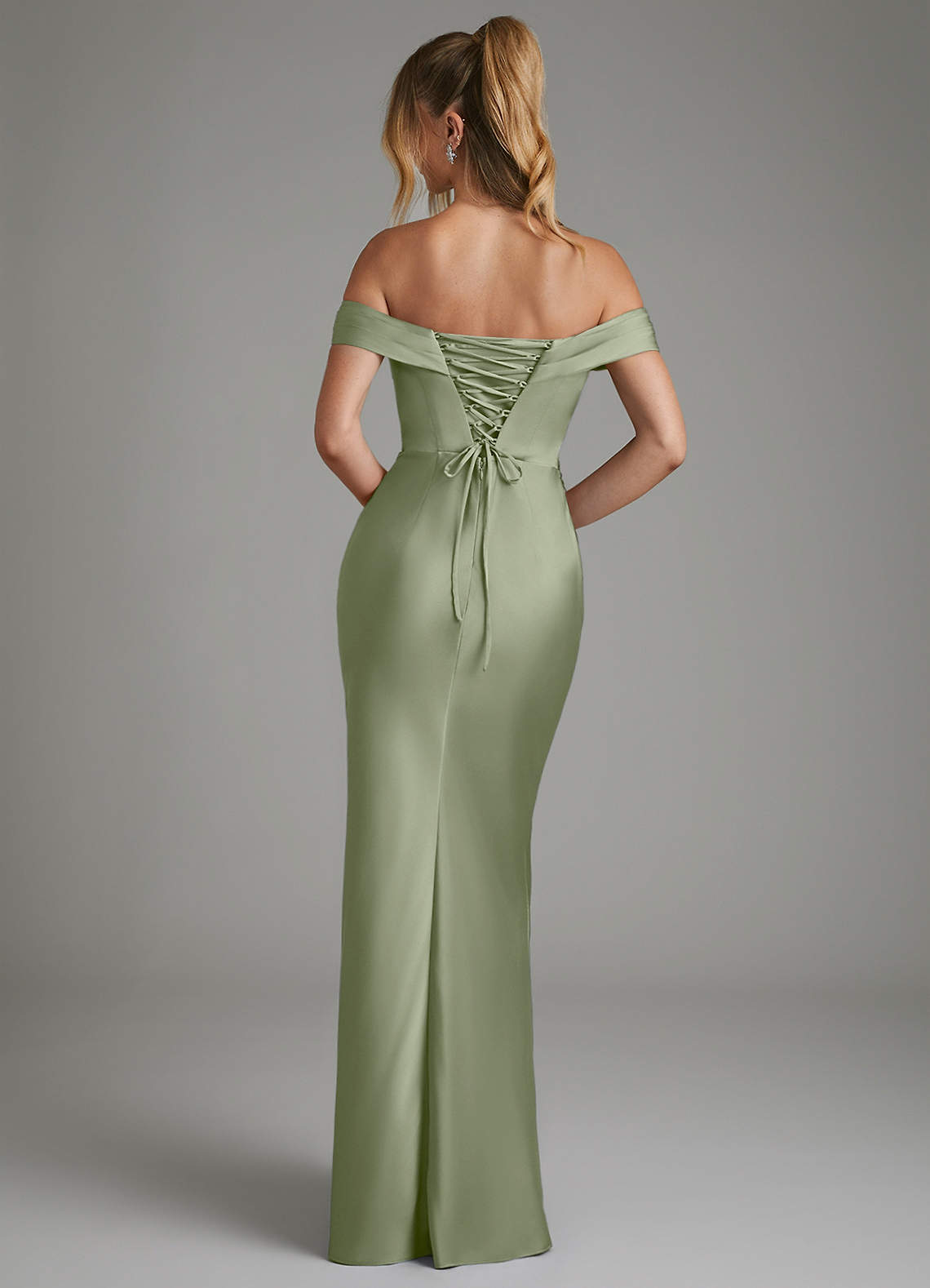 Hayden Mermaid Off-the-Shoulder Stretch Satin Bridesmaid Dress in Pistachio
