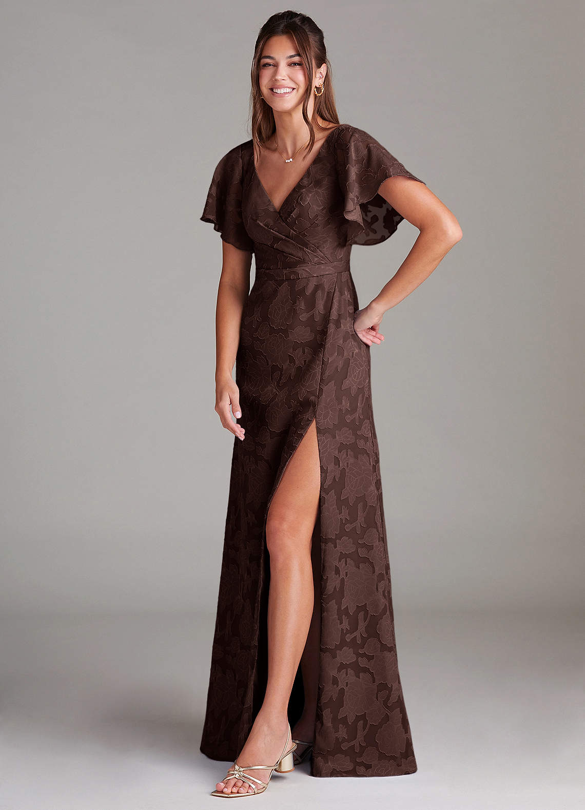 Ambrosia A-Line V-Neck Floral Burnout Bridesmaid Dress in Ganache