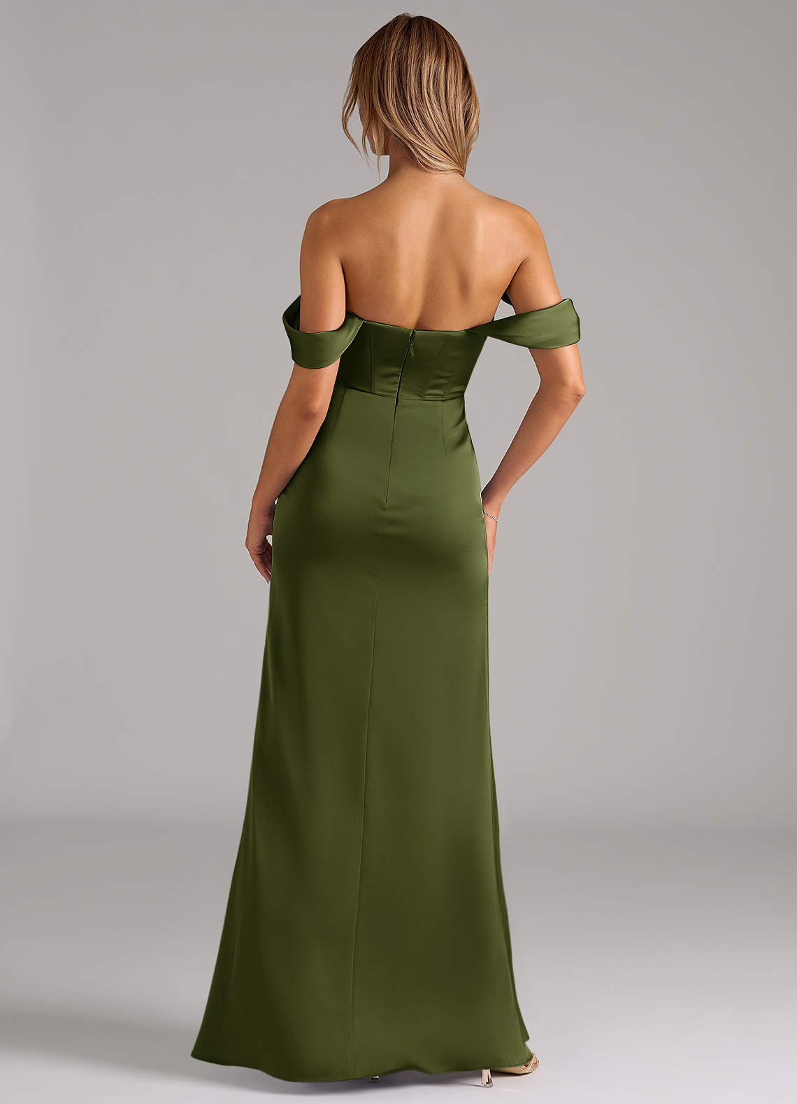 Johana Mermaid Off-the-Shoulder Stretch Satin Bridesmaid Dress in Olive