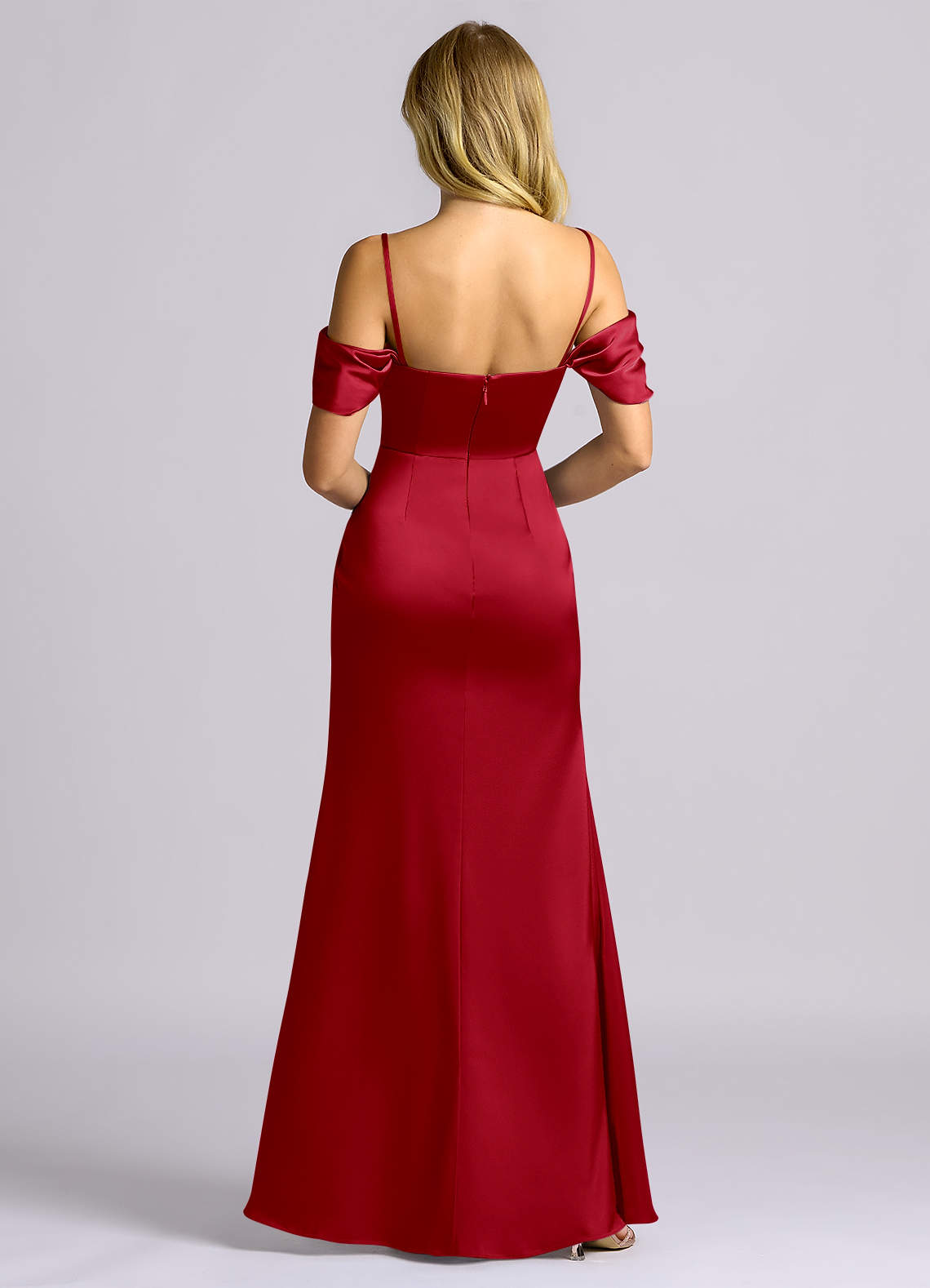 Auden Sheath Off-the-Shoulder Stretch Satin Bridesmaid Dress in Scarlet