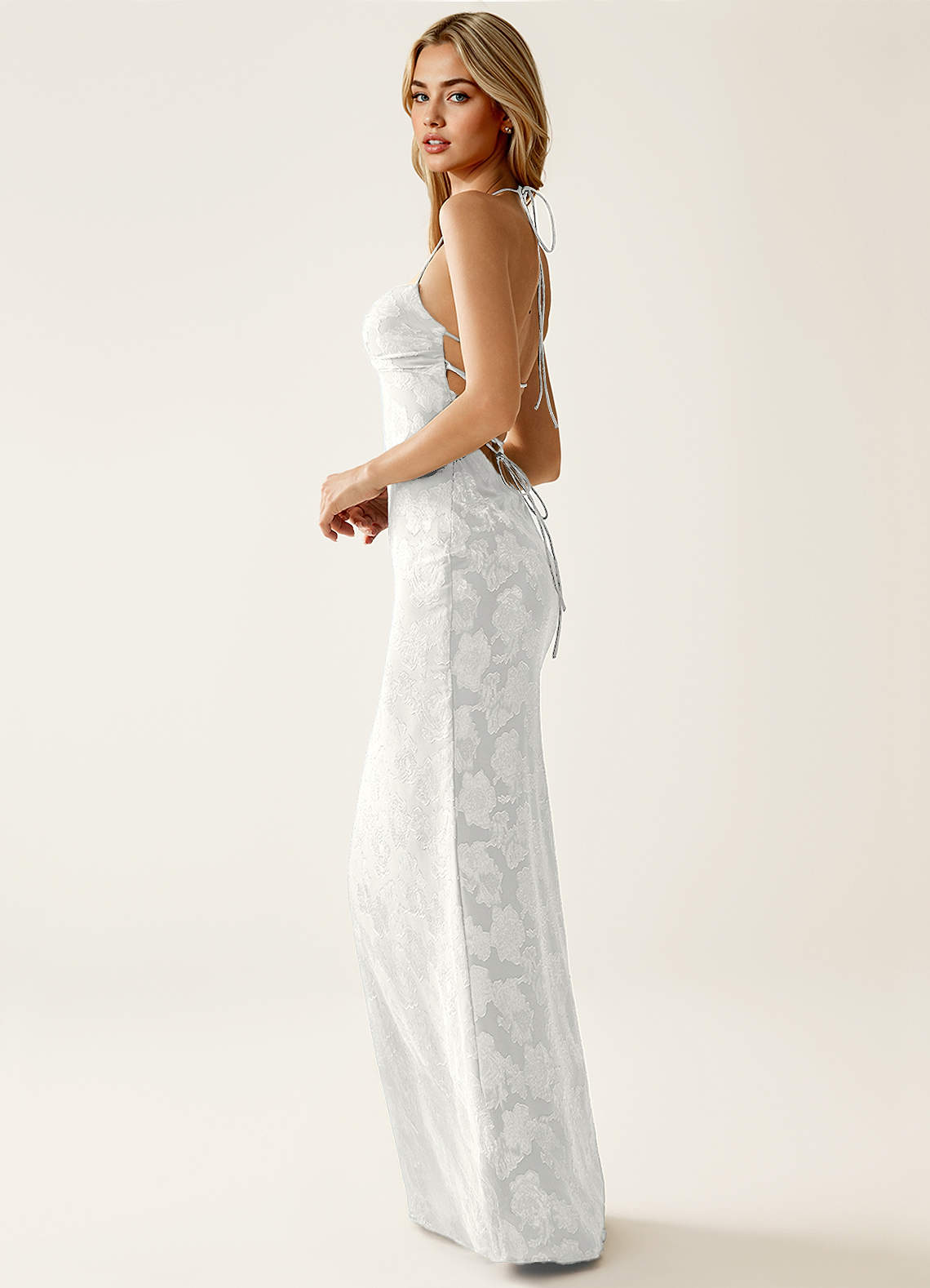 Angena Sheath Halter Floral Burnout Evening Dress in White