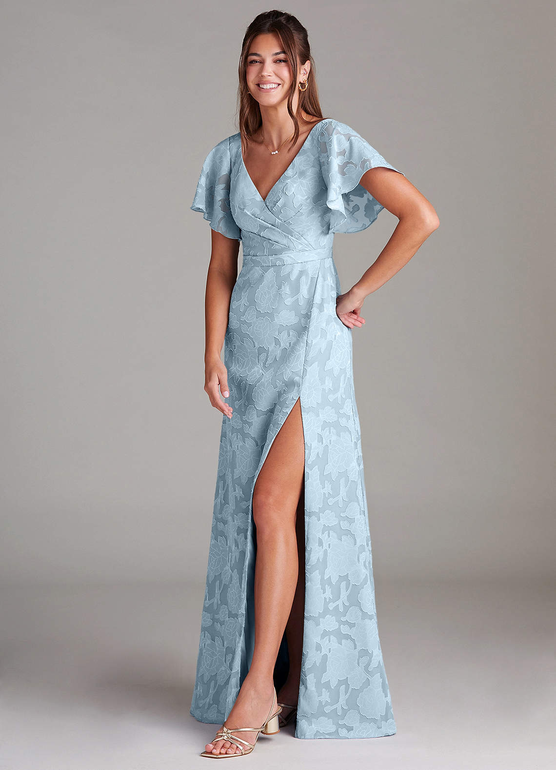 Ambrosia A-Line V-Neck Floral Burnout Bridesmaid Dress in Sky Blue
