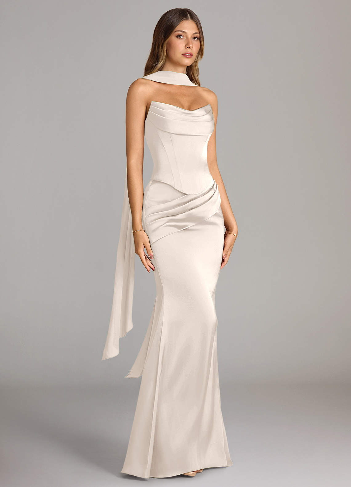 Sorrel Mermaid Cowl-Neck Stretch Satin and Chiffon Bridesmaid Dress in White Alabaster