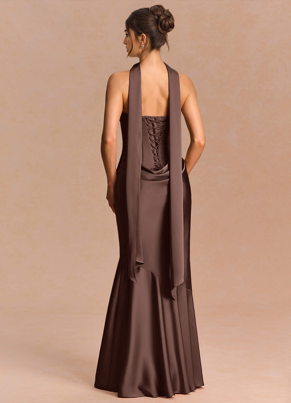 Euphemia Mermaid Strapless Stretch Satin Evening Dress in Truffle
