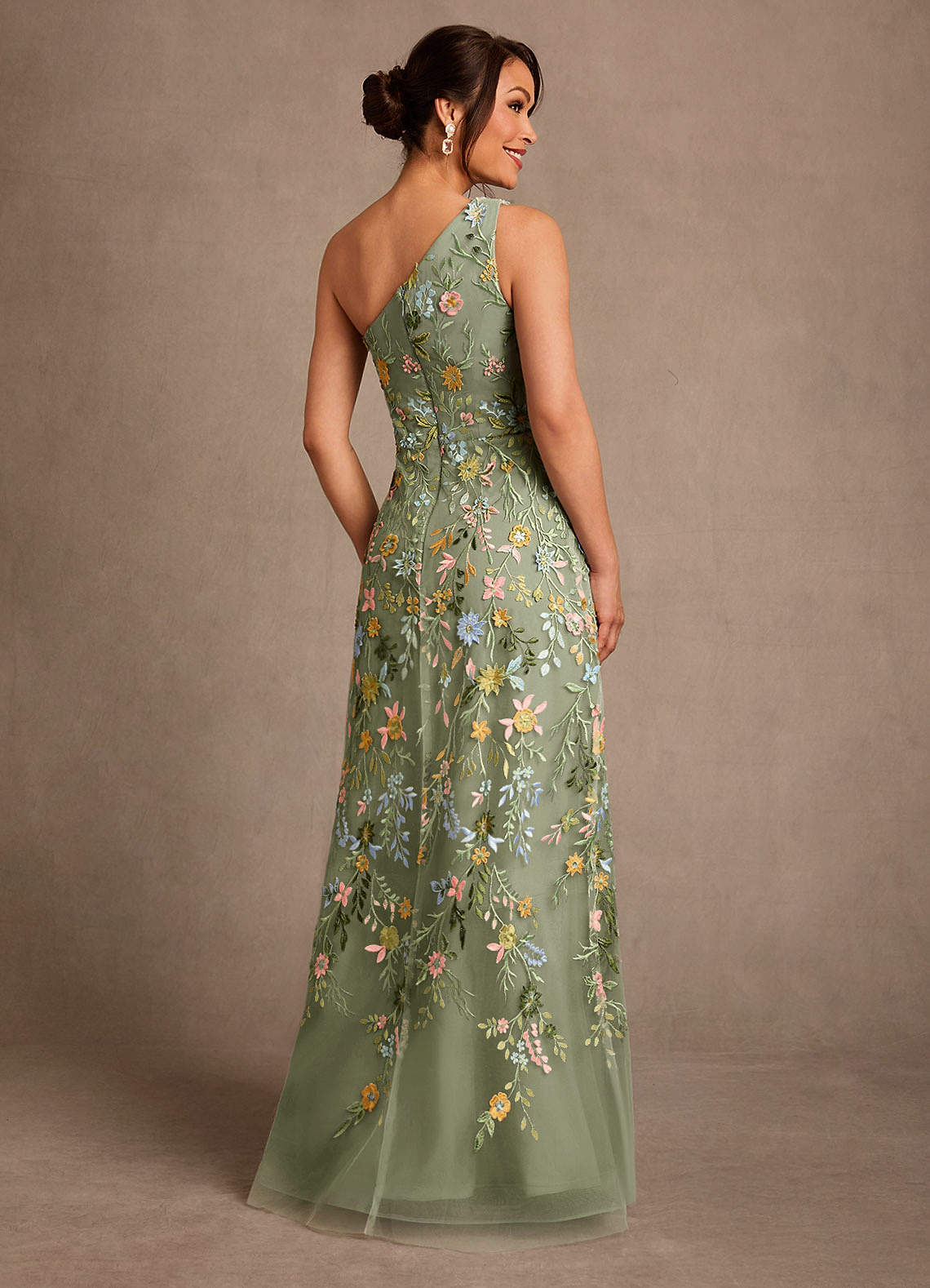 Bertie A-Line One-Shoulder Lace Mother of the Bride Dress in Pistachio
