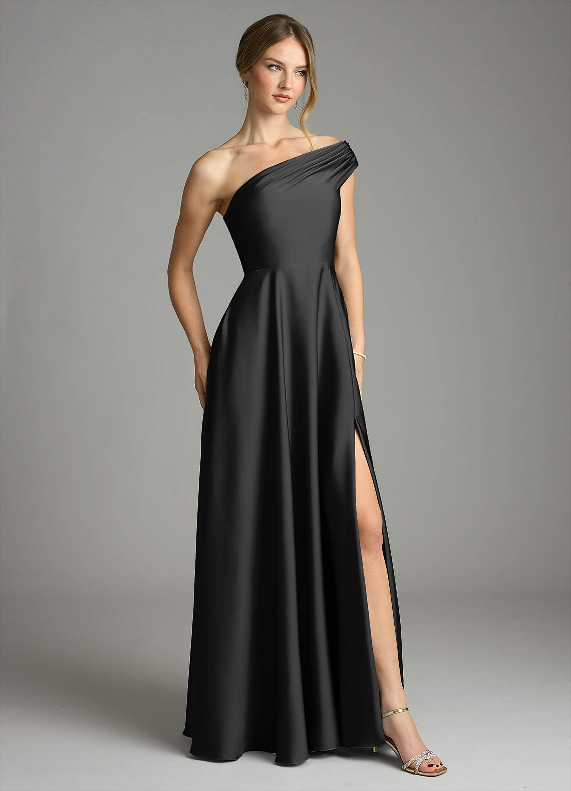 Melanie A-Line One-Shoulder Stretch Satin Bridesmaid Dress