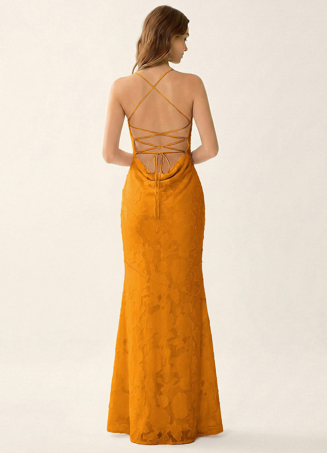 Natasha Mermaid Spaghetti-Strap Floral Burnout Evening Dress in butterscotch
