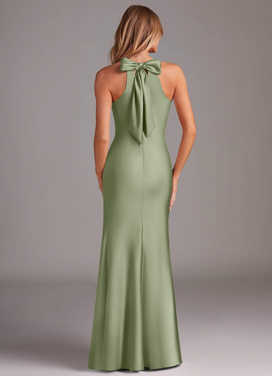 Doretta Mermaid Halter Stretch Satin Bridesmaid Dress in Pistachio