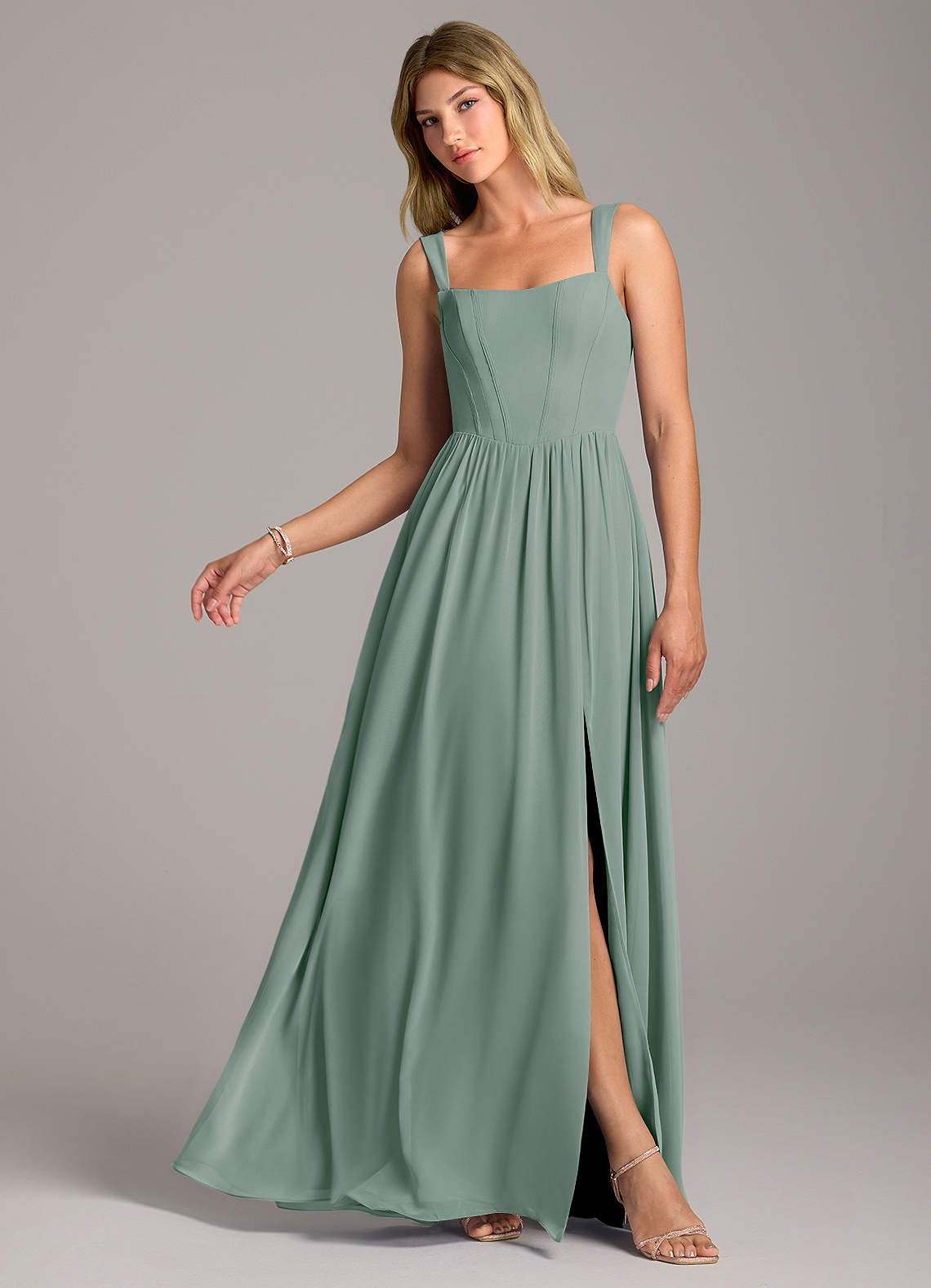 Rosaline A-Line Square-Neck Chiffon Bridesmaid Dress in Silver Sage