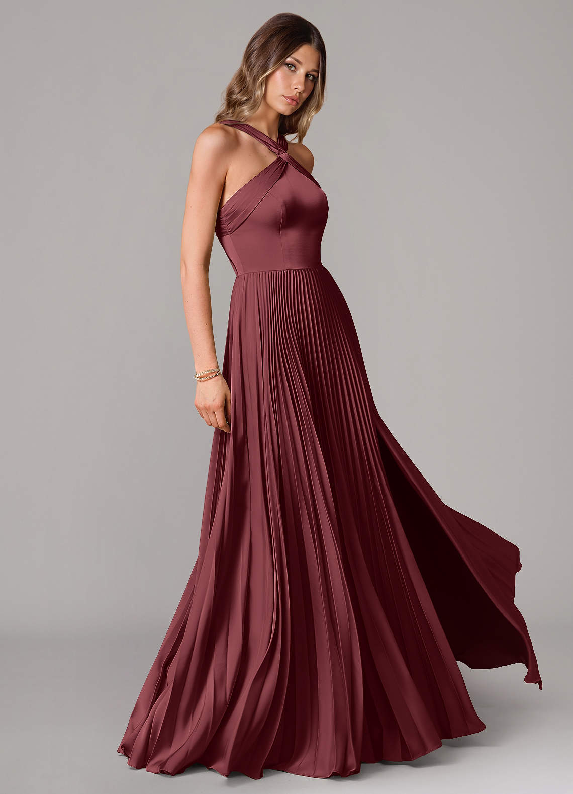 Afra A-Line Halter-Neck Stretch Satin Bridesmaid Dress in Merlot