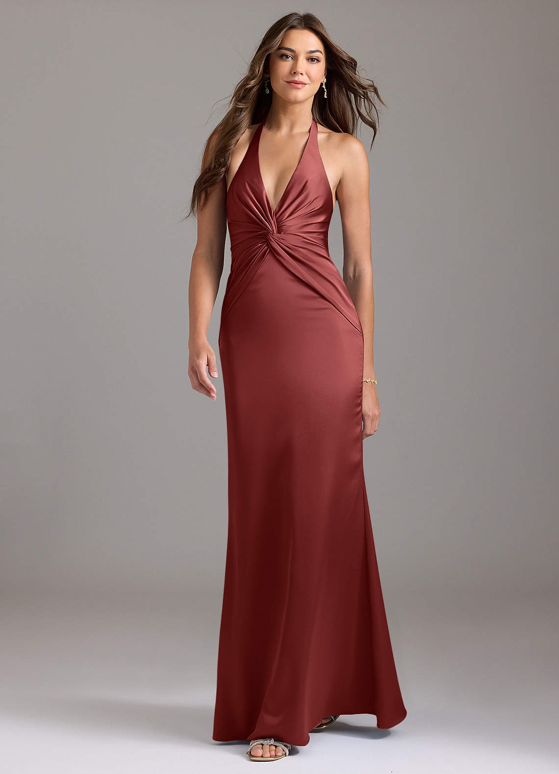 Valerie Mermaid V-Neck Stretch Satin Bridesmaid Dress in Terracotta
