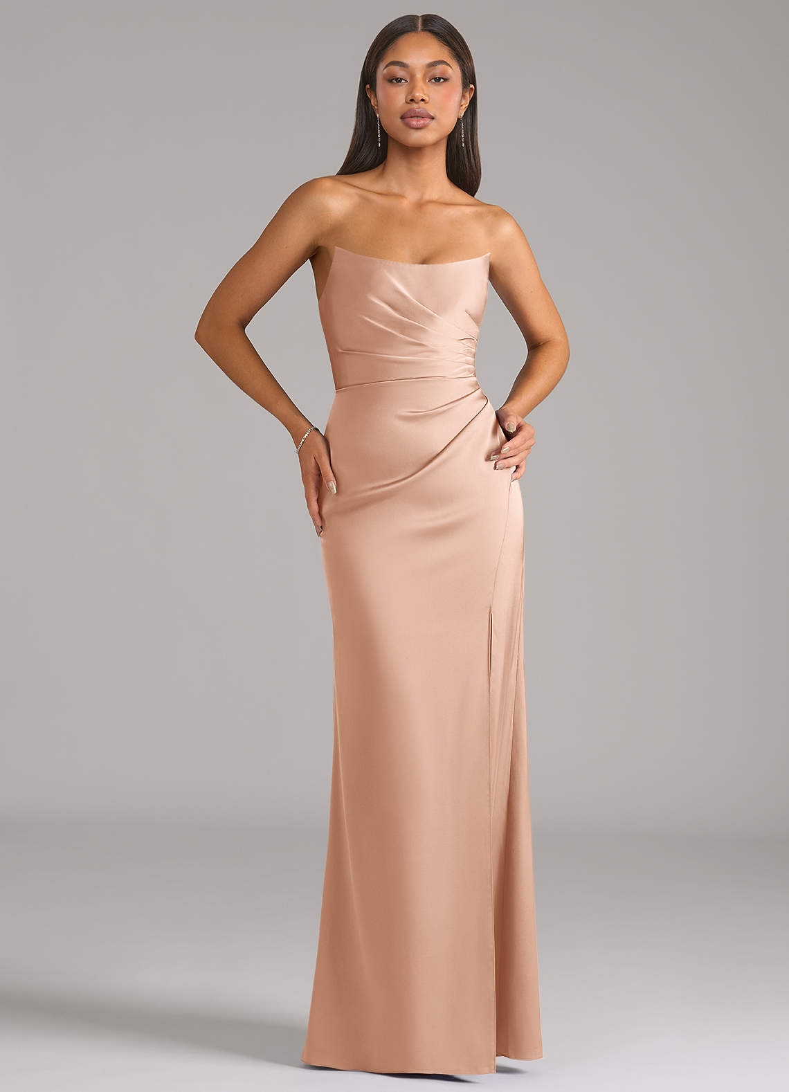 Marla Sheath Strapless Stretch Satin Bridesmaid Dress in rose gold