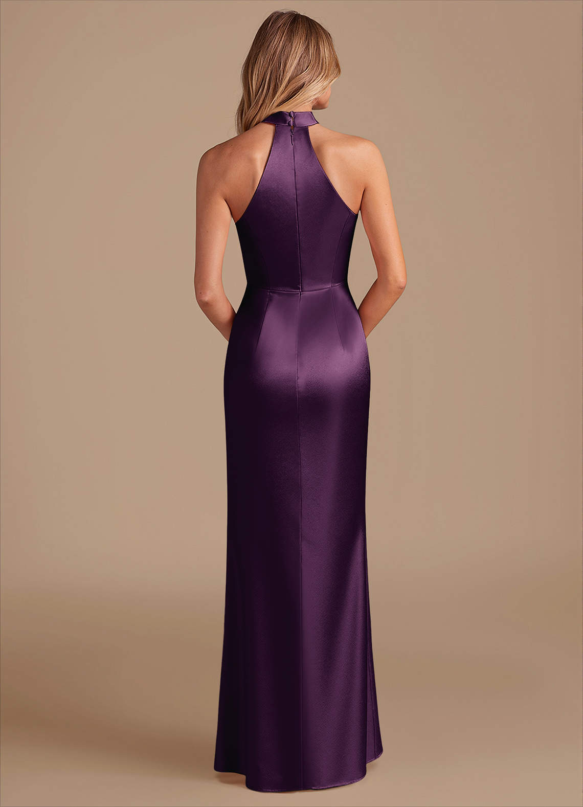 Karlotta Sheath Halter-Neck Metallic Satin Bridesmaid Dress in Plum