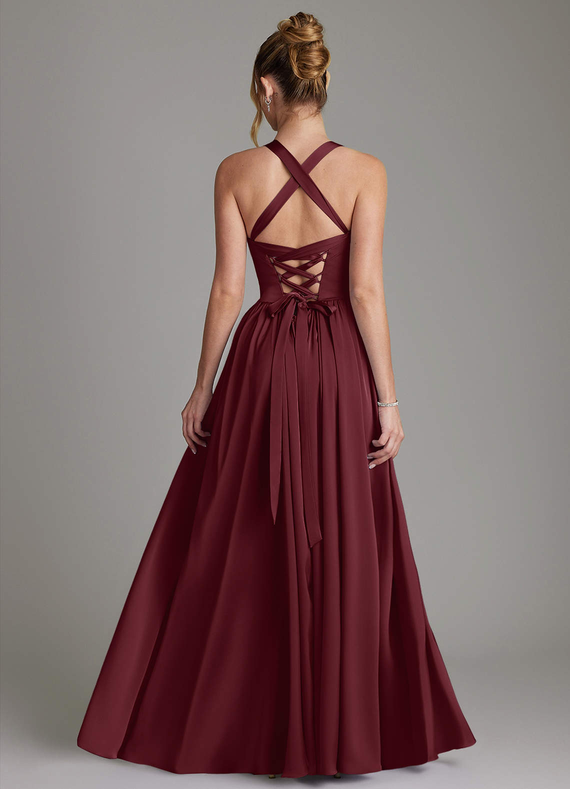 Francis A-Line V-Neck Stretch Satin Bridesmaid Dress in Cabernet