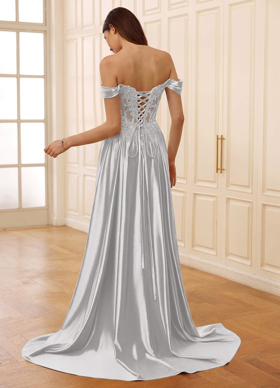 Rowane A-Line Off-the-Shoulder Satin Evening Dress in Silver