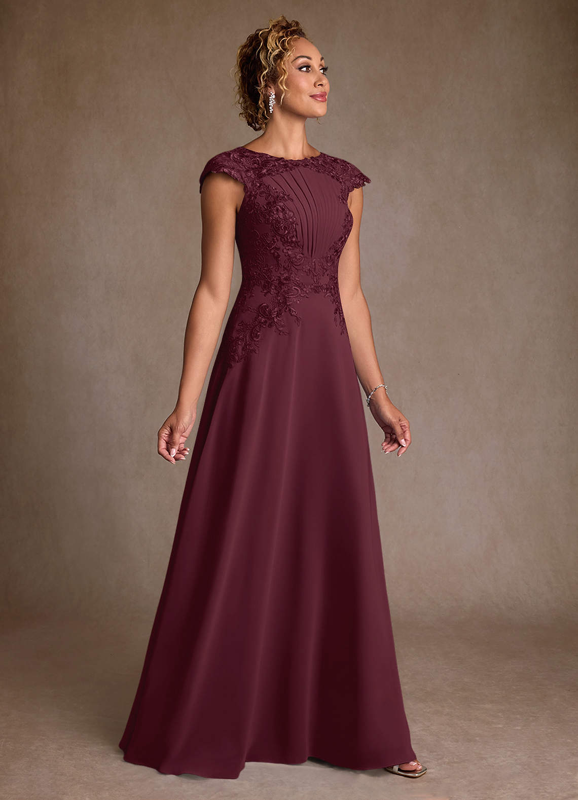 Christi A-Line Scoop-Neck Chiffon and Lace Mother of the Bride Dress in Cabernet