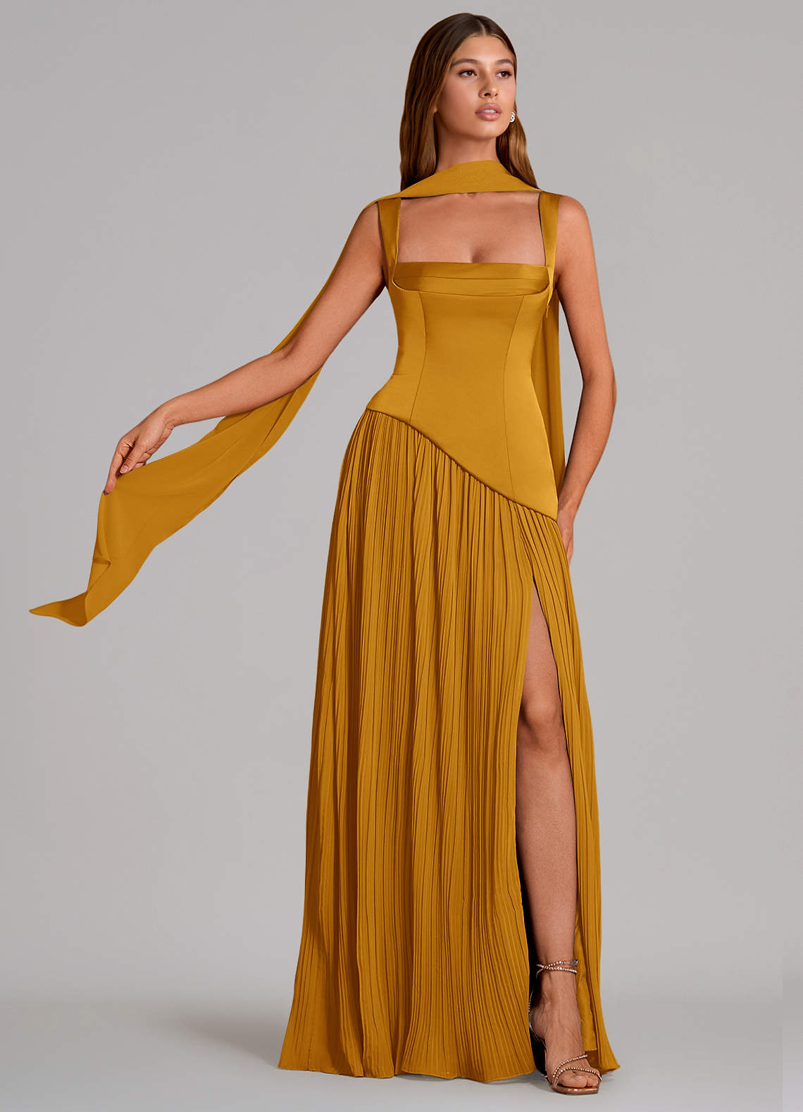 Stephanie A-Line Square-Neck Stretch Satin and Chiffon Bridesmaid Dress in butterscotch