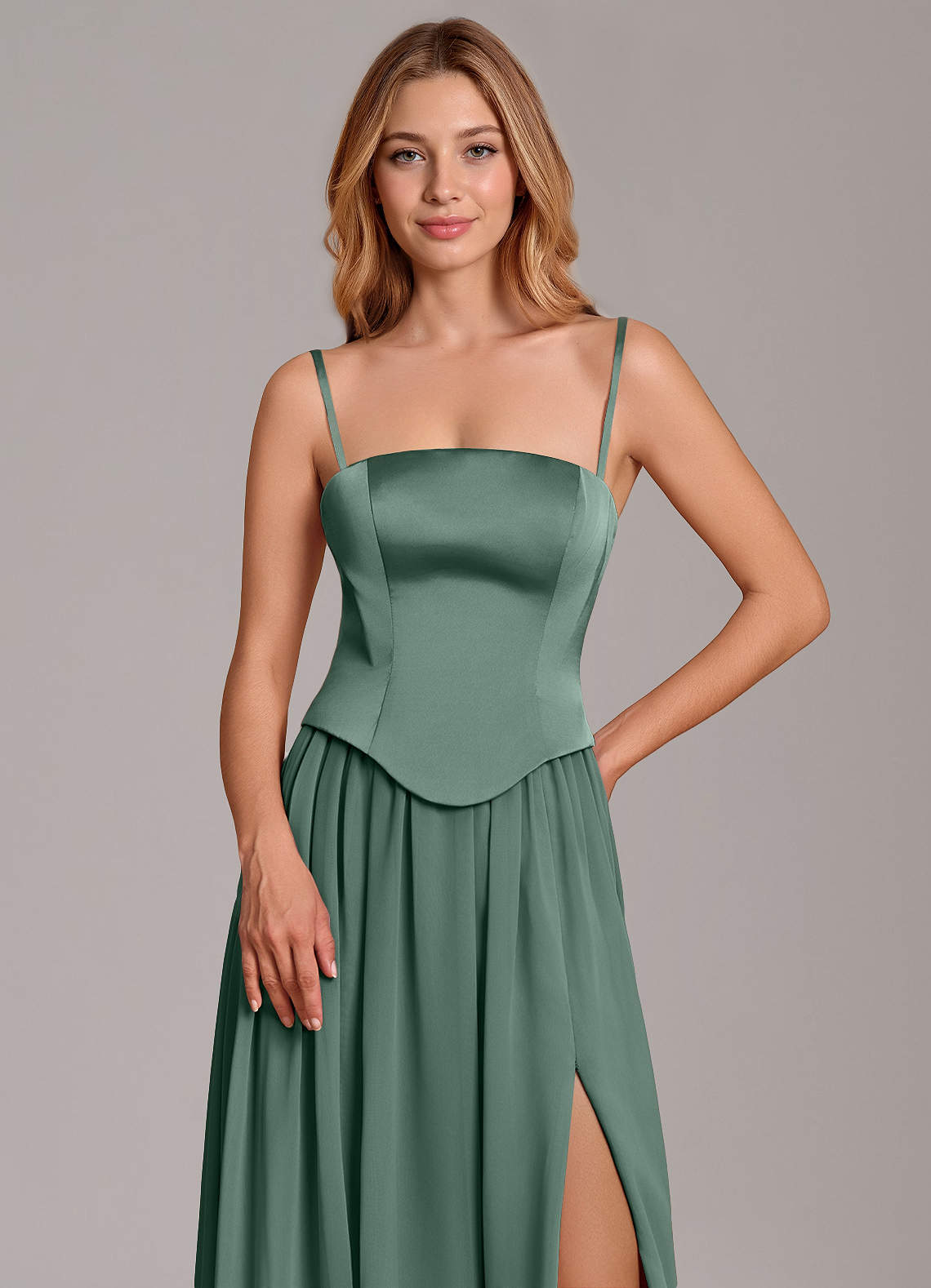 Cadence A-Line Strapless Chiffon and Stretch Satin Bridesmaid Dress in Eucalyptus