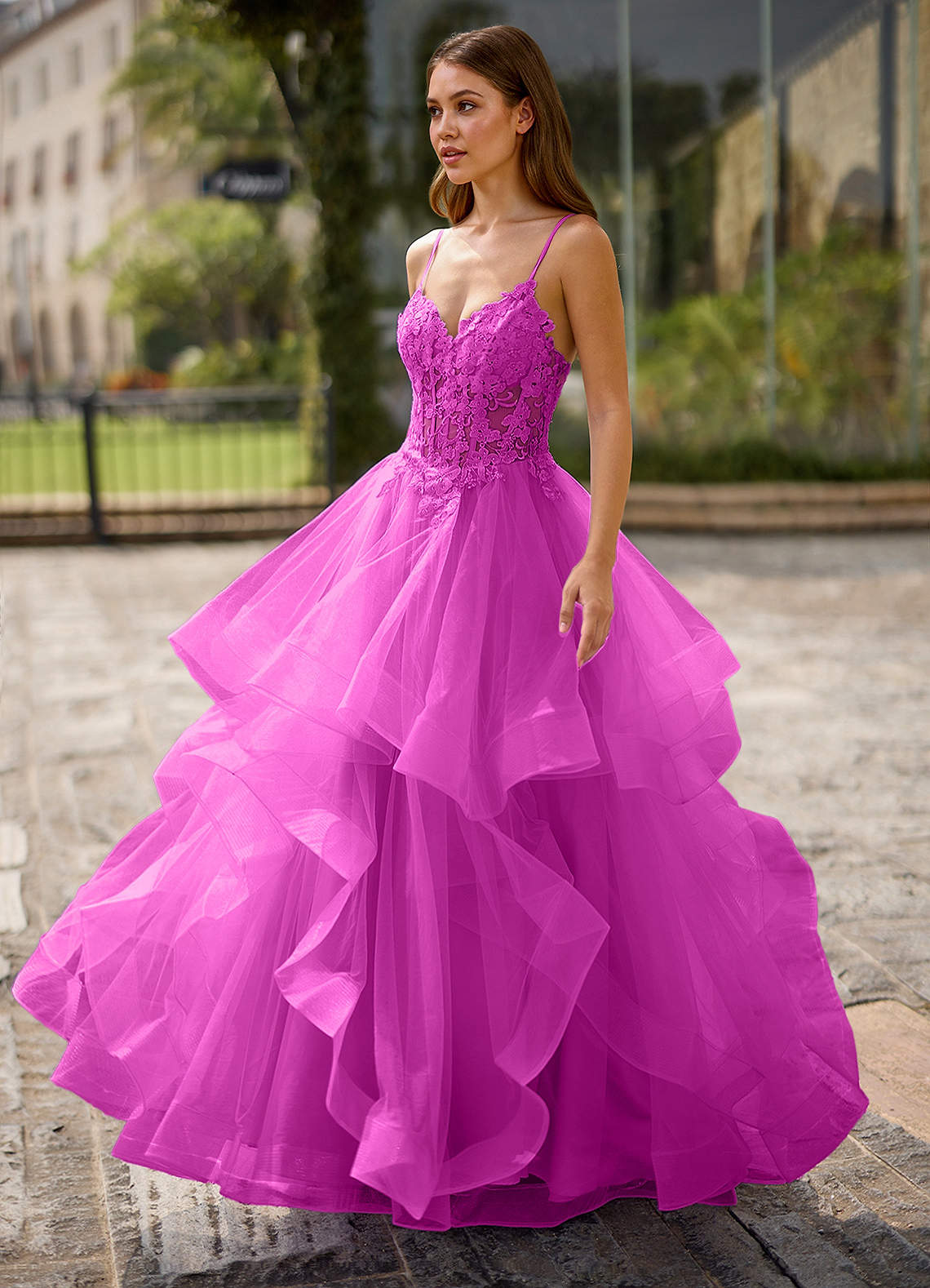 Spitze Ball Gown Sweetheart Lace Tulle Evening Dress in Fuchsia