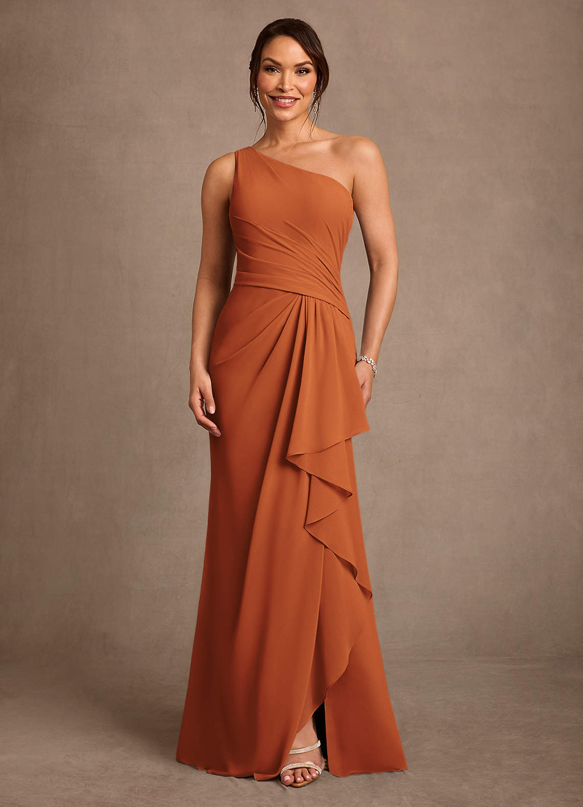 Floy Sheath One-Shoulder Chiffon Mother of the Bride Dress in Burnt Orange