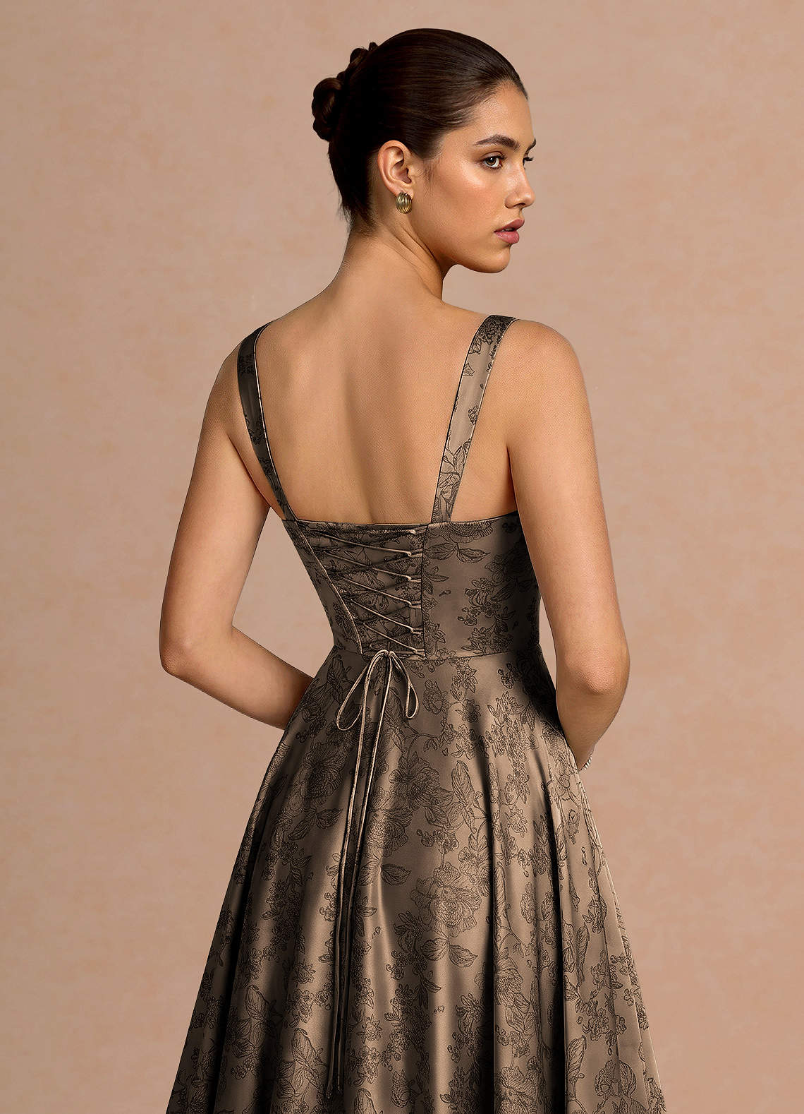 Azaria A-Line Square-Neck Jacquard Evening Dress in Coffee Brown