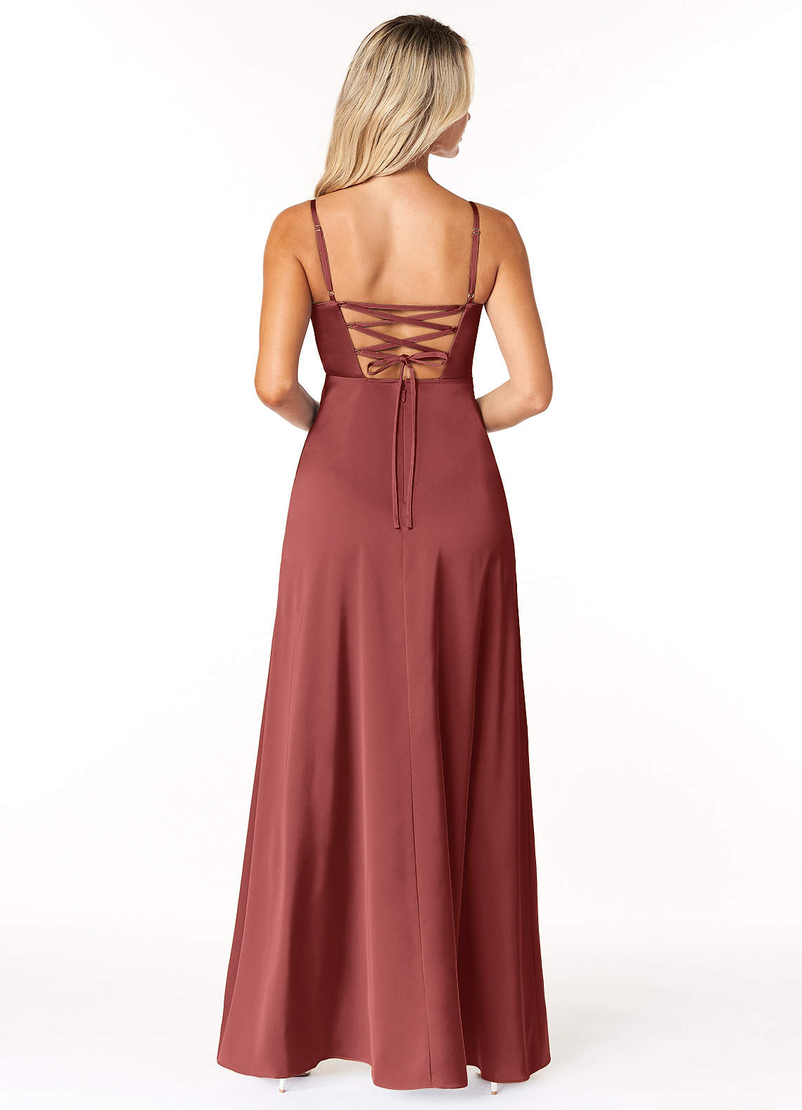 Marchella A-Line V-Neck Stretch Satin Bridesmaid Dress in Terracotta