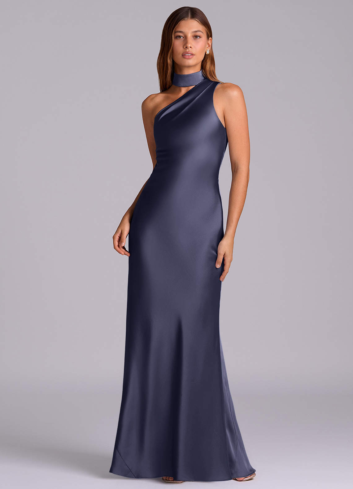 Seona Mermaid One-Shoulder Stretch Satin and Tulle Bridesmaid Dress in Stormy