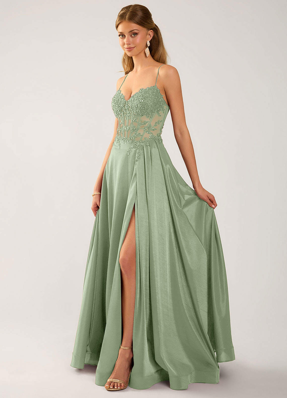 Isoldemark A-Line Sweetheart Satin Evening Dress in Sage