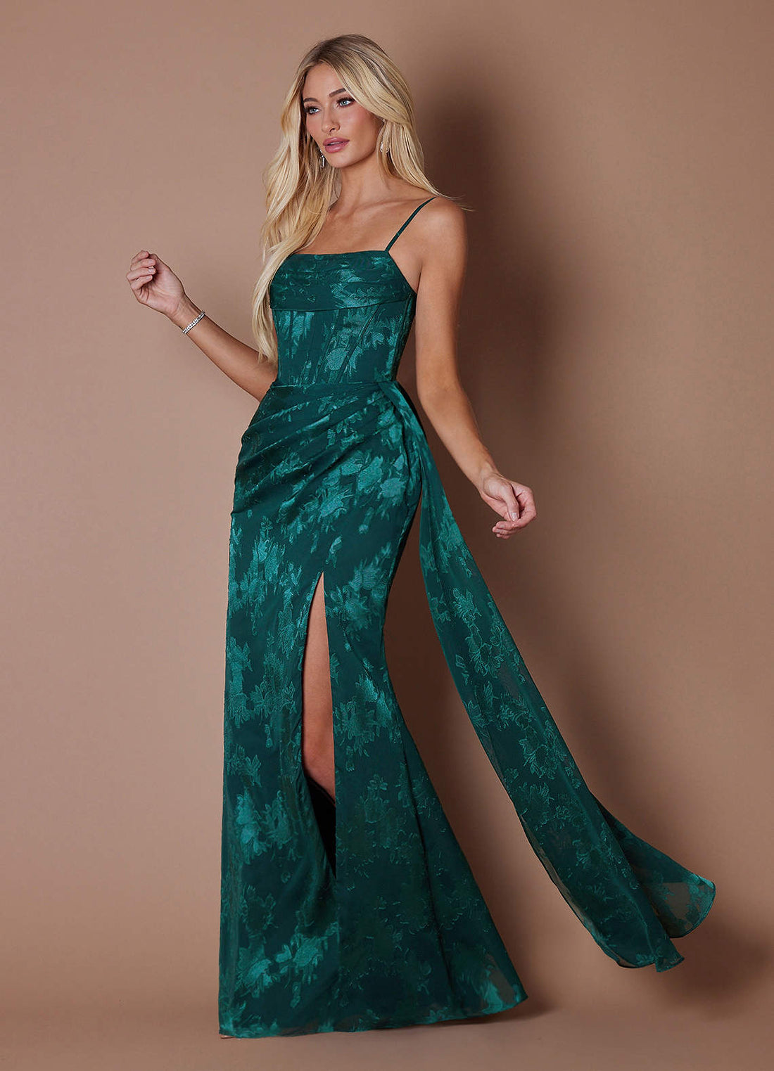 Lea Sheath Straight-Neck Burnout Evening Dress in Dark Emerald