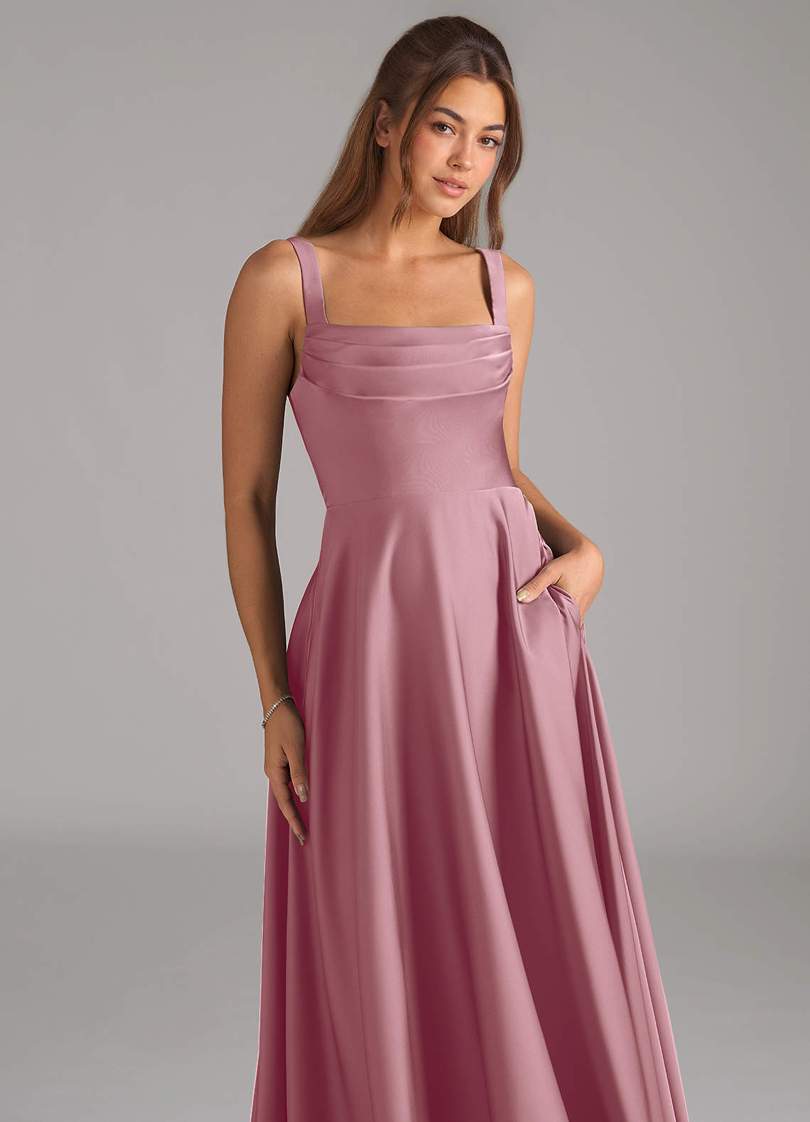 Shaude A-Line Square-Neck Stretch Satin Bridesmaid Dress in Vintage Mauve