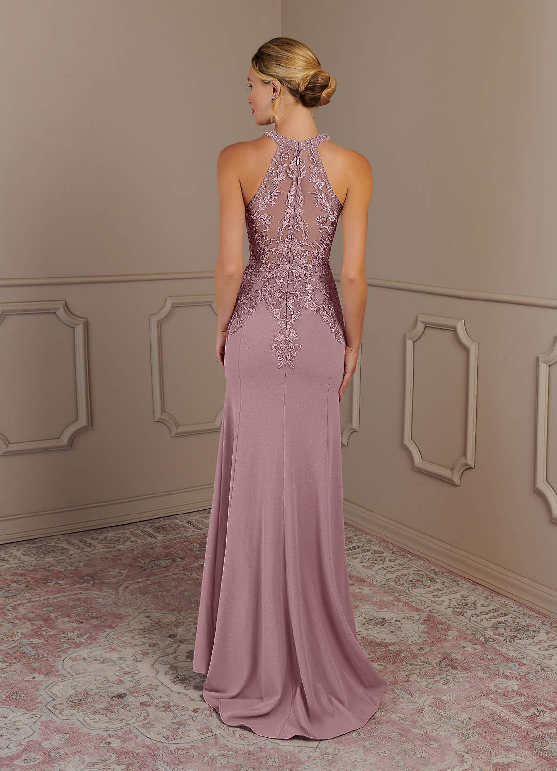 Tyra Mermaid Halter Tulle and Stretch Crepe Mother of the Bride Dress in Dusty Rose