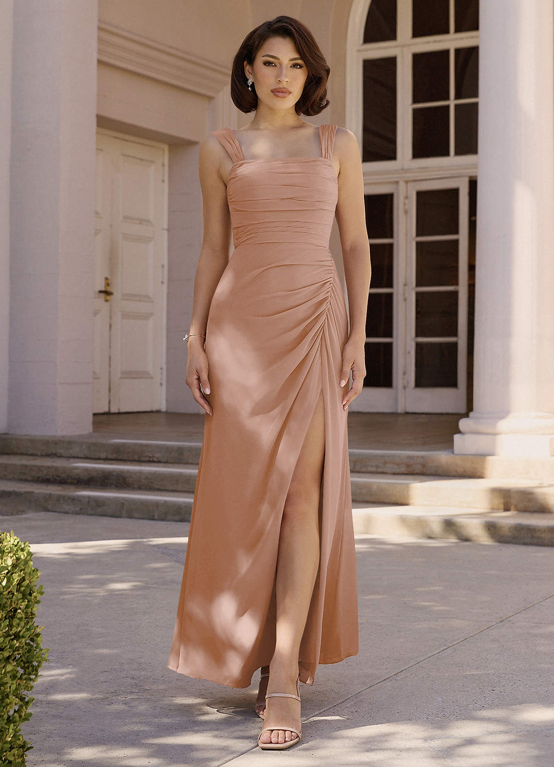 Jesaphine Sheath Square-Neck Chiffon Bridesmaid Dress in Champagne Rose