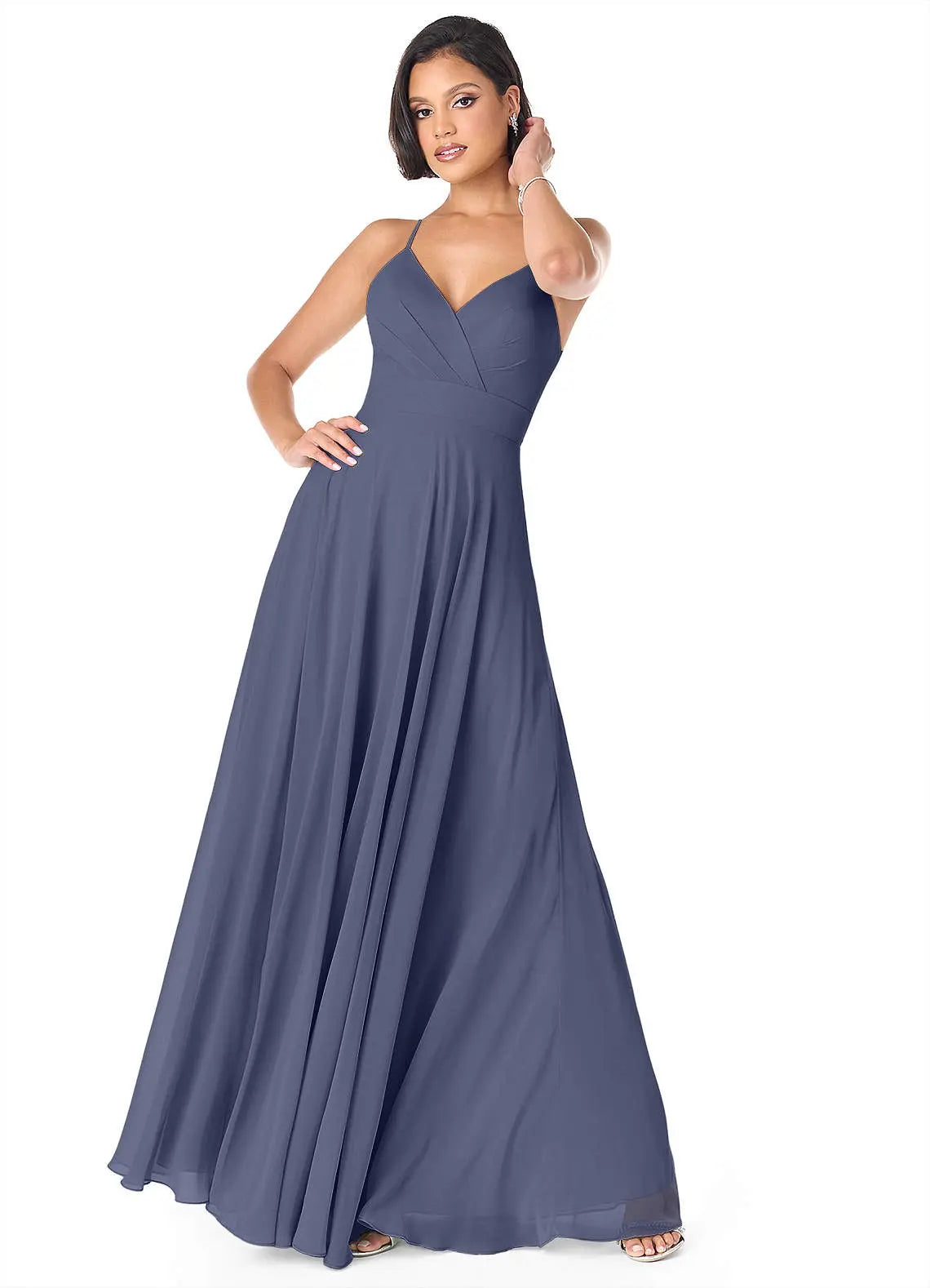 Avelina A-Line V-Neck Chiffon Bridesmaid Dress in Stormy