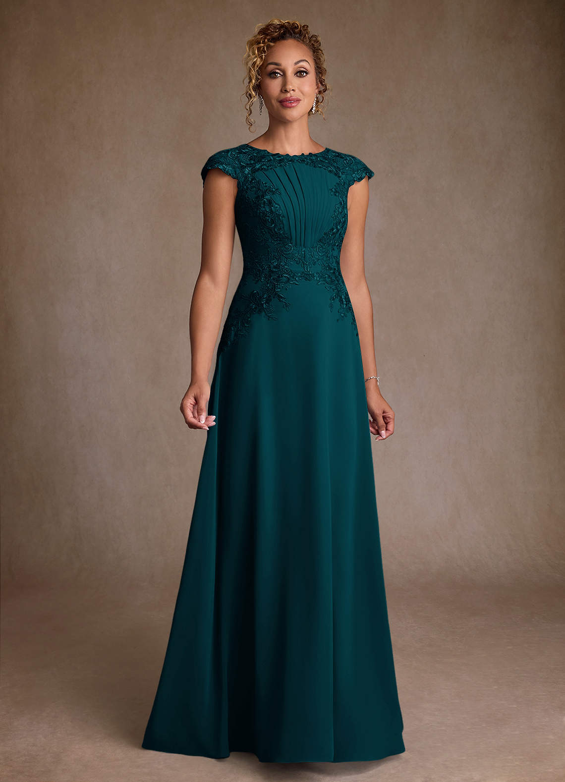 Christi A-Line Scoop-Neck Chiffon and Lace Mother of the Bride Dress in Pine
