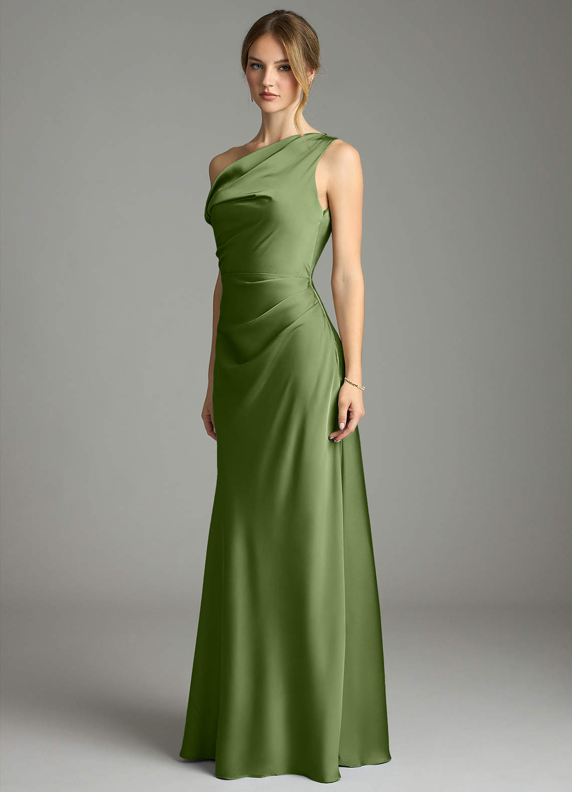 Emerson Mermaid One-Shoulder Stretch Satin Bridesmaid Dress in Juniper