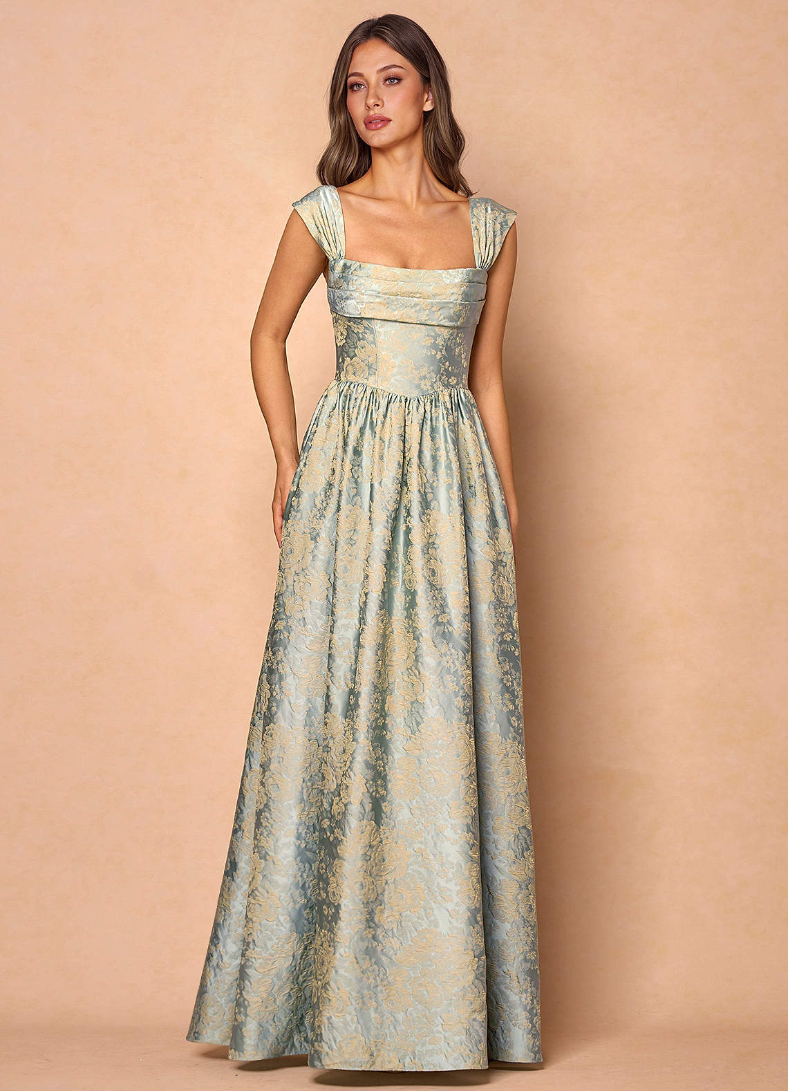 Runa Ball Gown Pleated Jacquard Taffeta Evening Dress in Vintage Blue