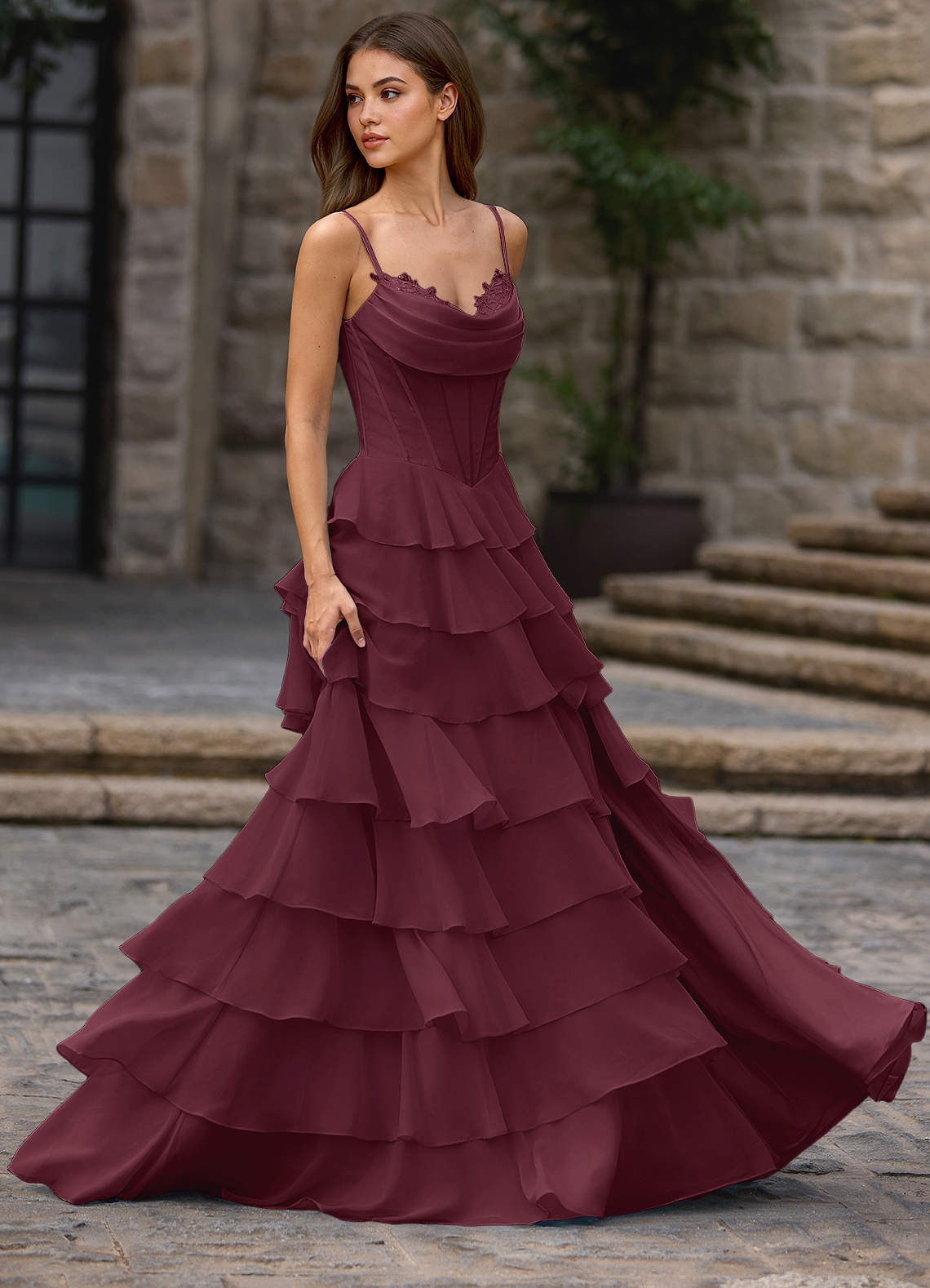 Floralace A-Line Ruffle Chiffon Evening Dress in Wine