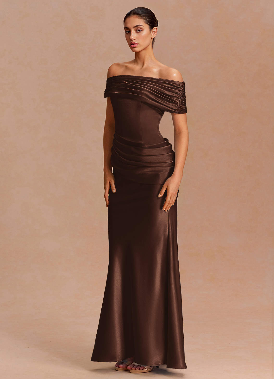 Leonie Strapless Draped-Shoulder Satin Evening Dress in ganache