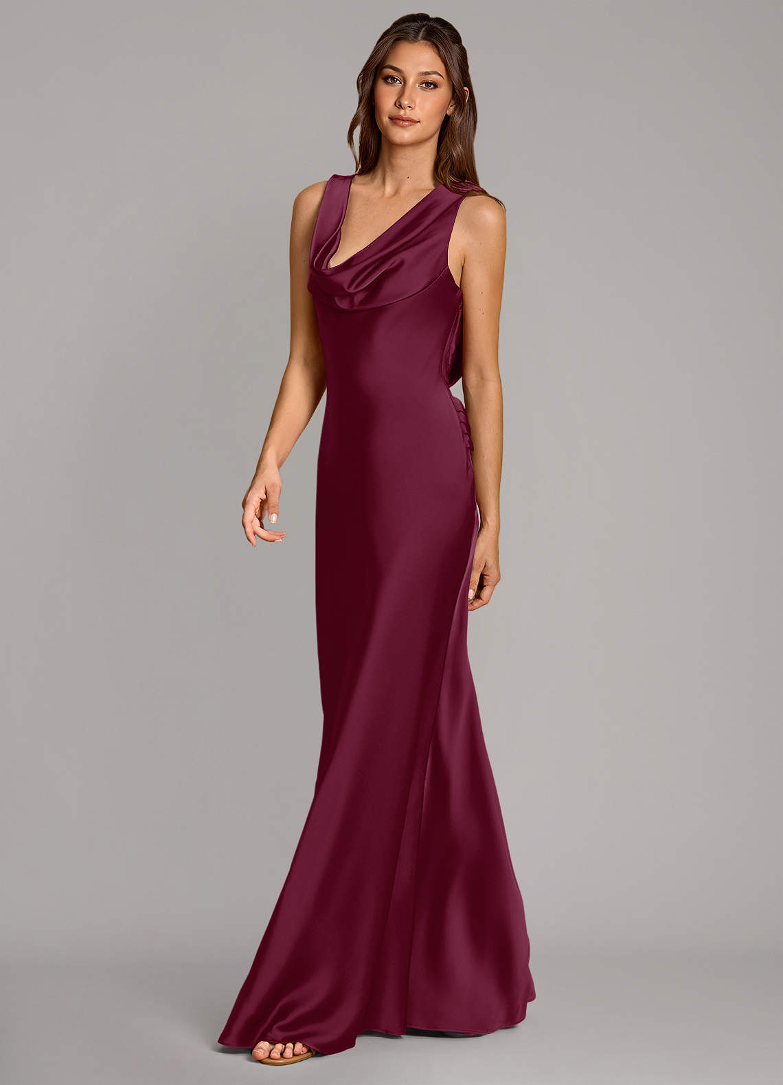 Cheryl Mermaid Cowl-Neck Stretch Satin Bridesmaid Dress in Mulberry