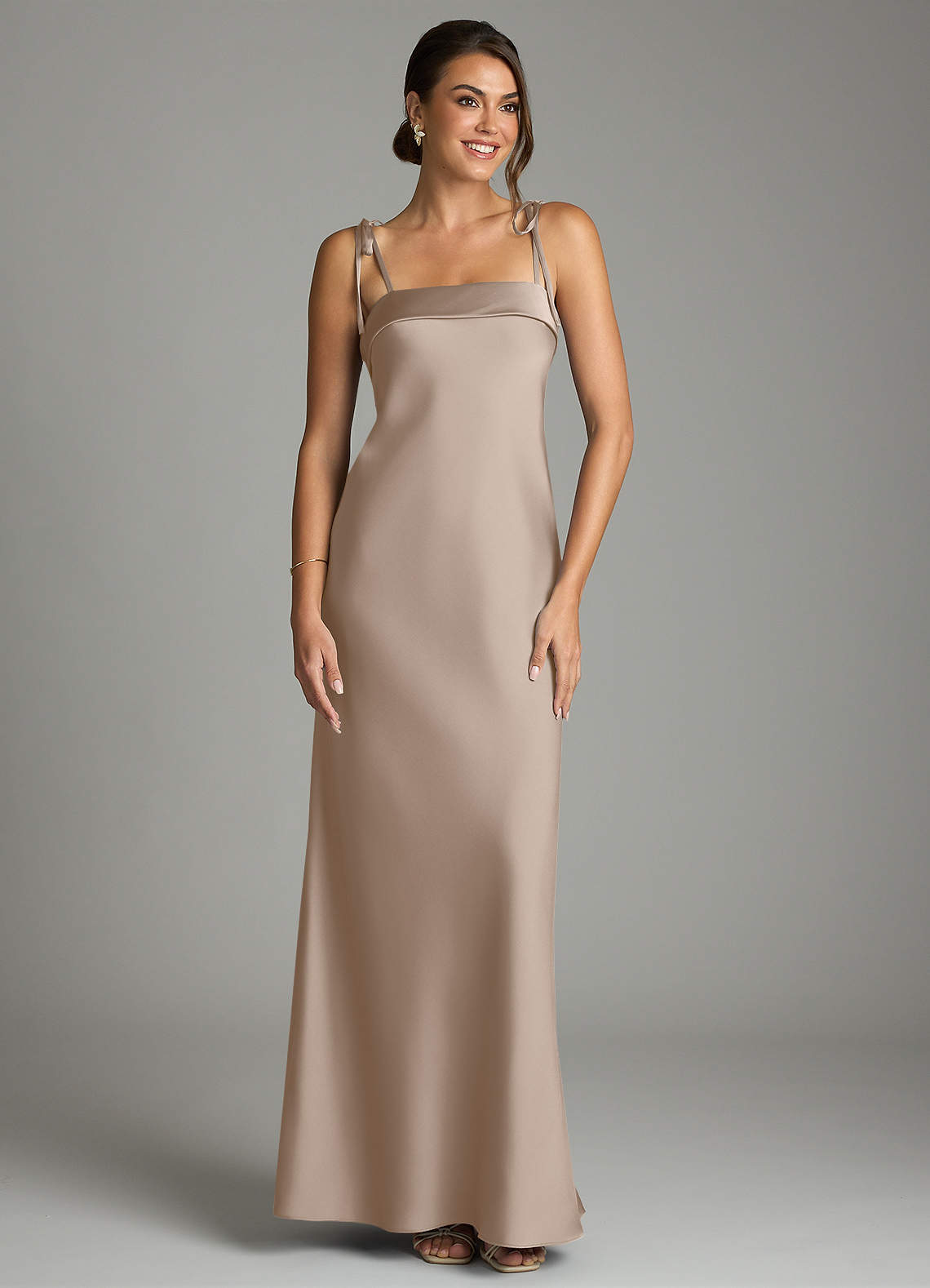 Ellia Sheath Straight-Neck Stretch Satin Bridesmaid Dress in Taupe